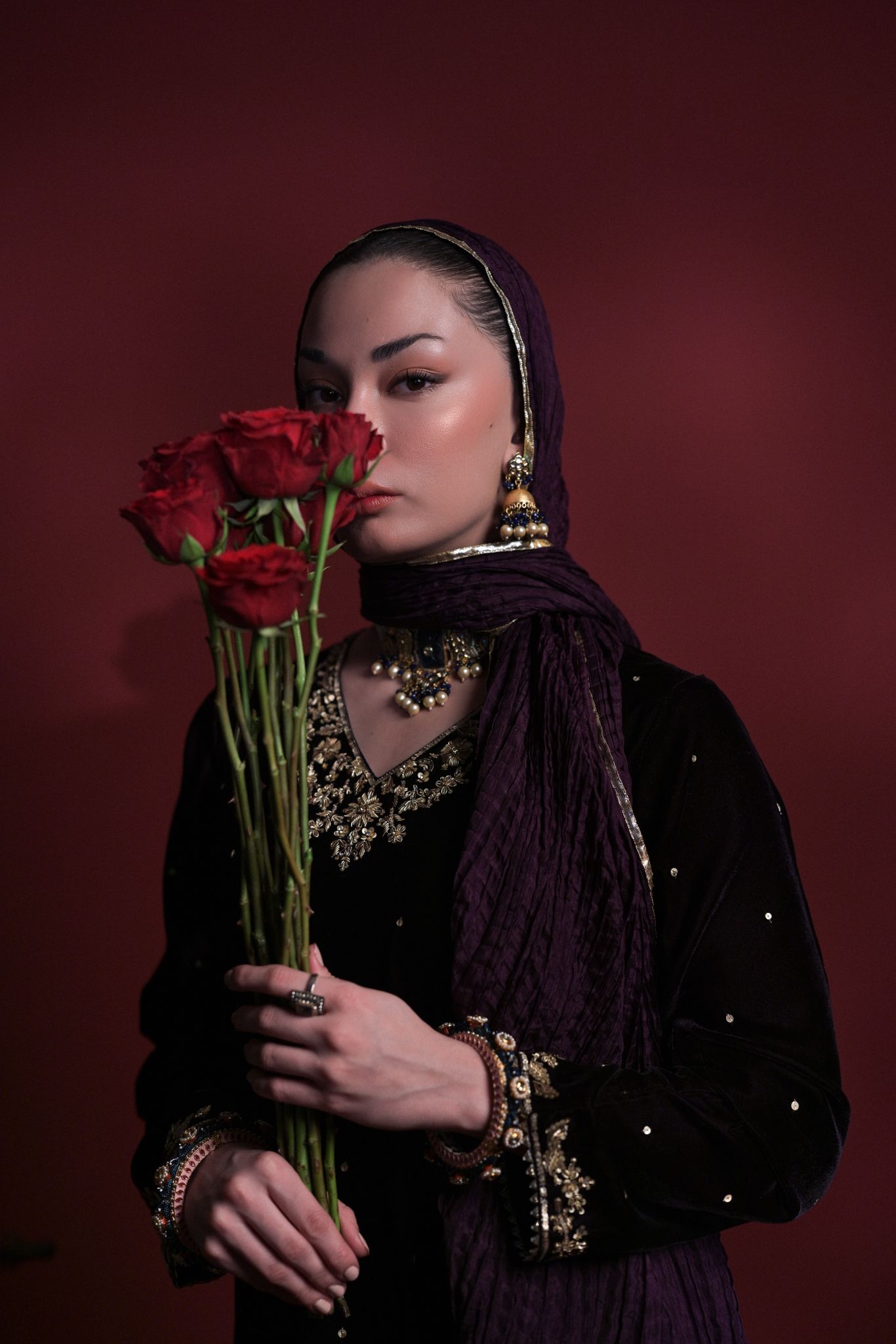 Pakistani Plum Hand-Embellished Velvet Kalidaar (3-Piece) - Image 4