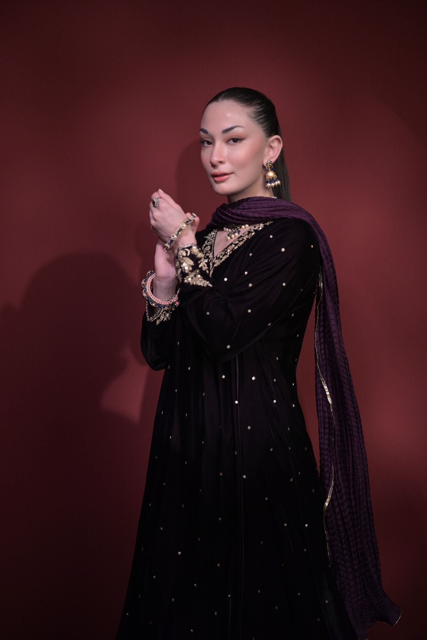 Pakistani Plum Hand-Embellished Velvet Kalidaar (3-Piece) - Image 6