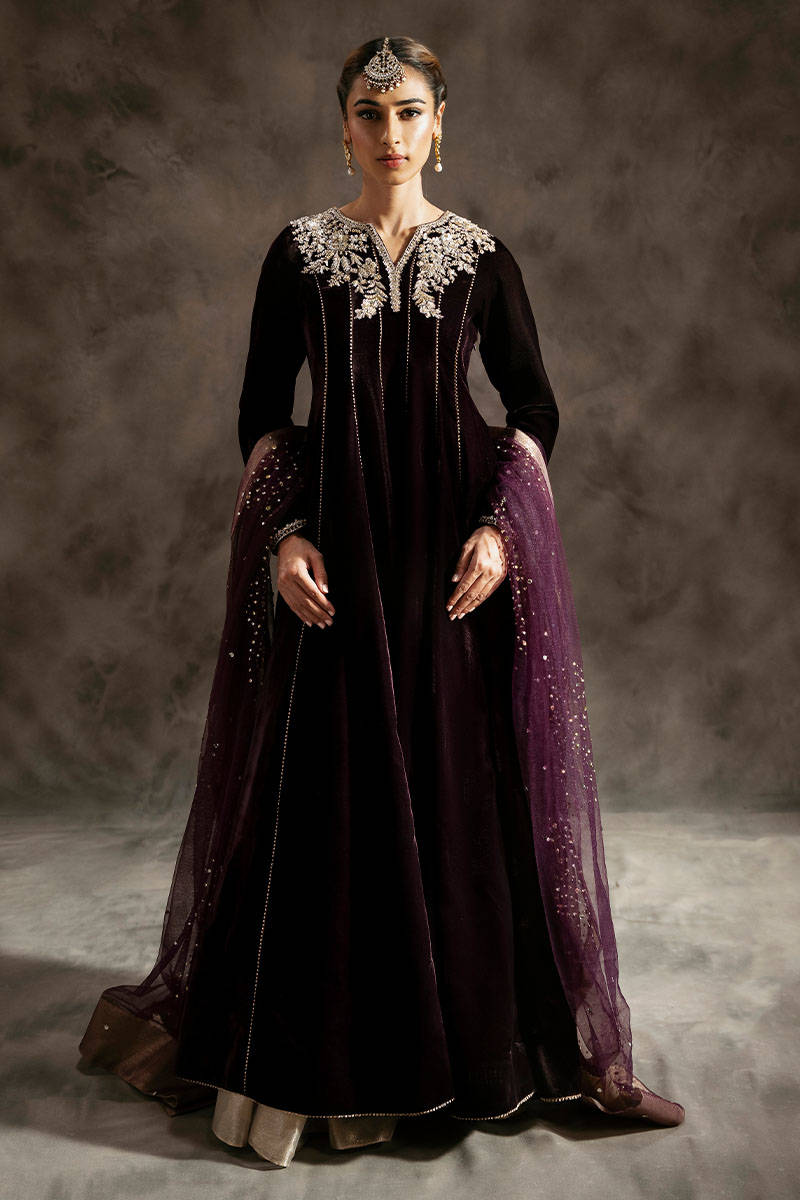 Pakistani Plum Hand Embroidered Velvet Kalidar (3-Piece) - Image 1