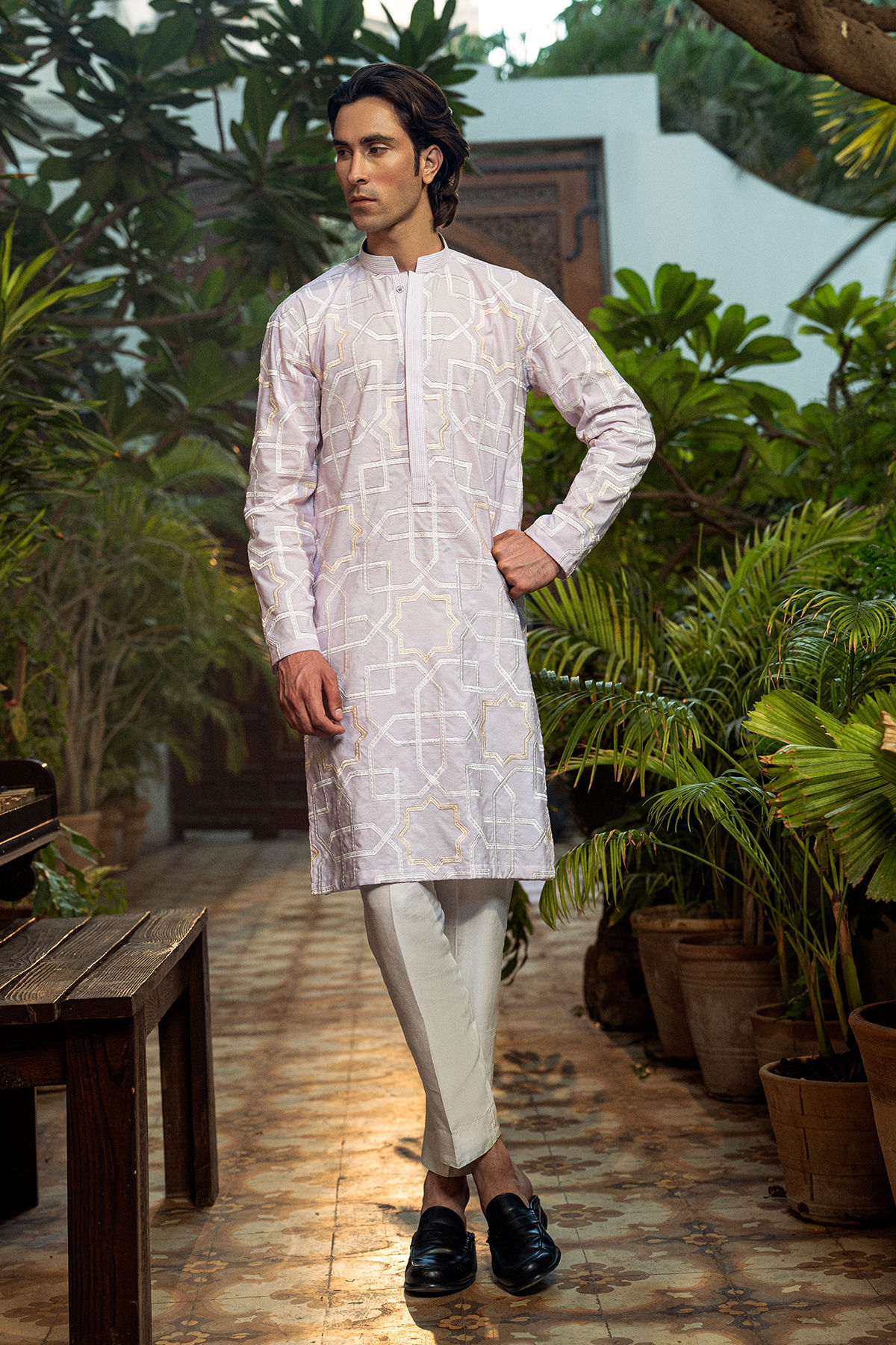 Lilac Geometric Embroidered Cotton Silk Kurta (2-Piece) - Image 1