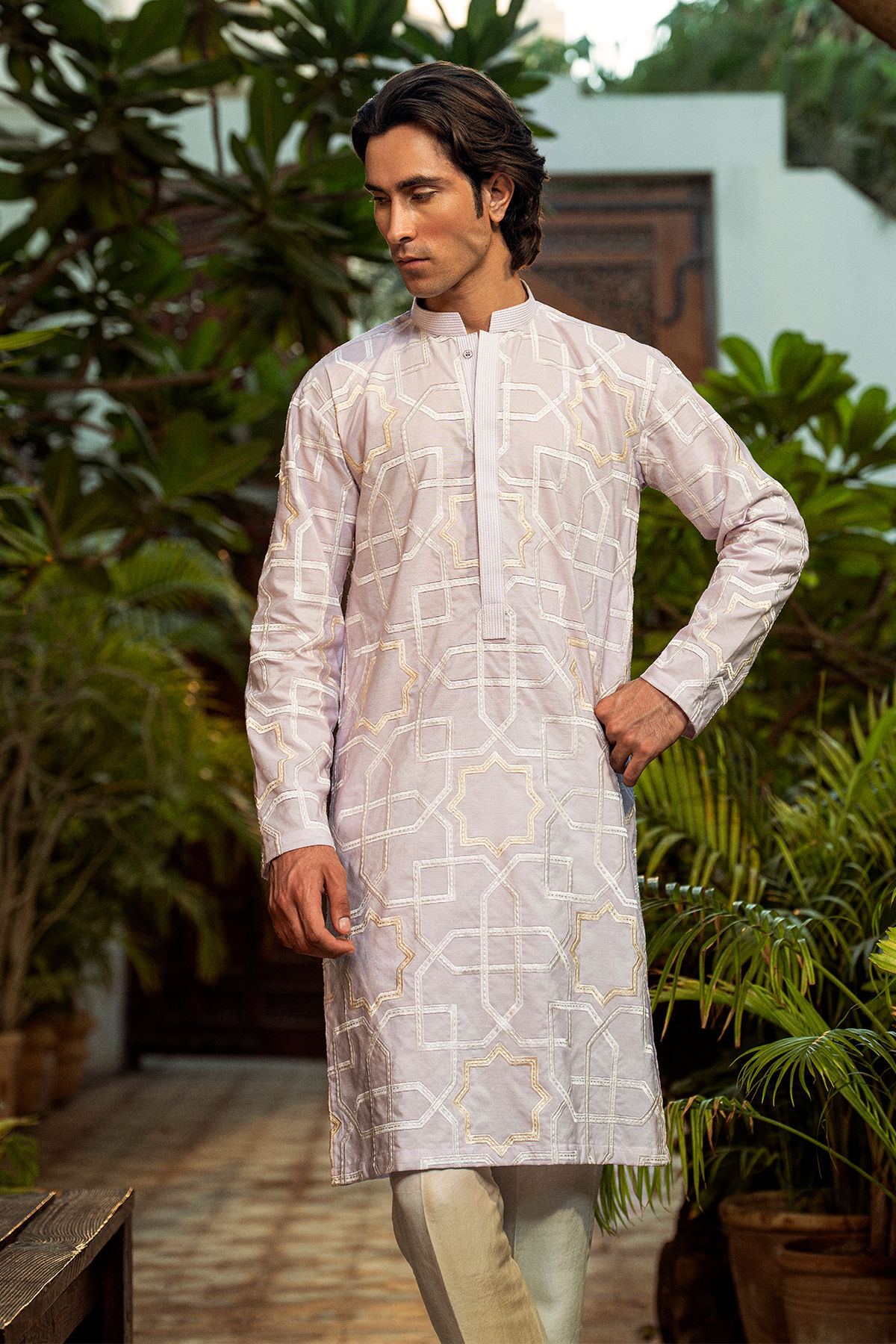 Lilac Geometric Embroidered Cotton Silk Kurta (2-Piece) - Image 2