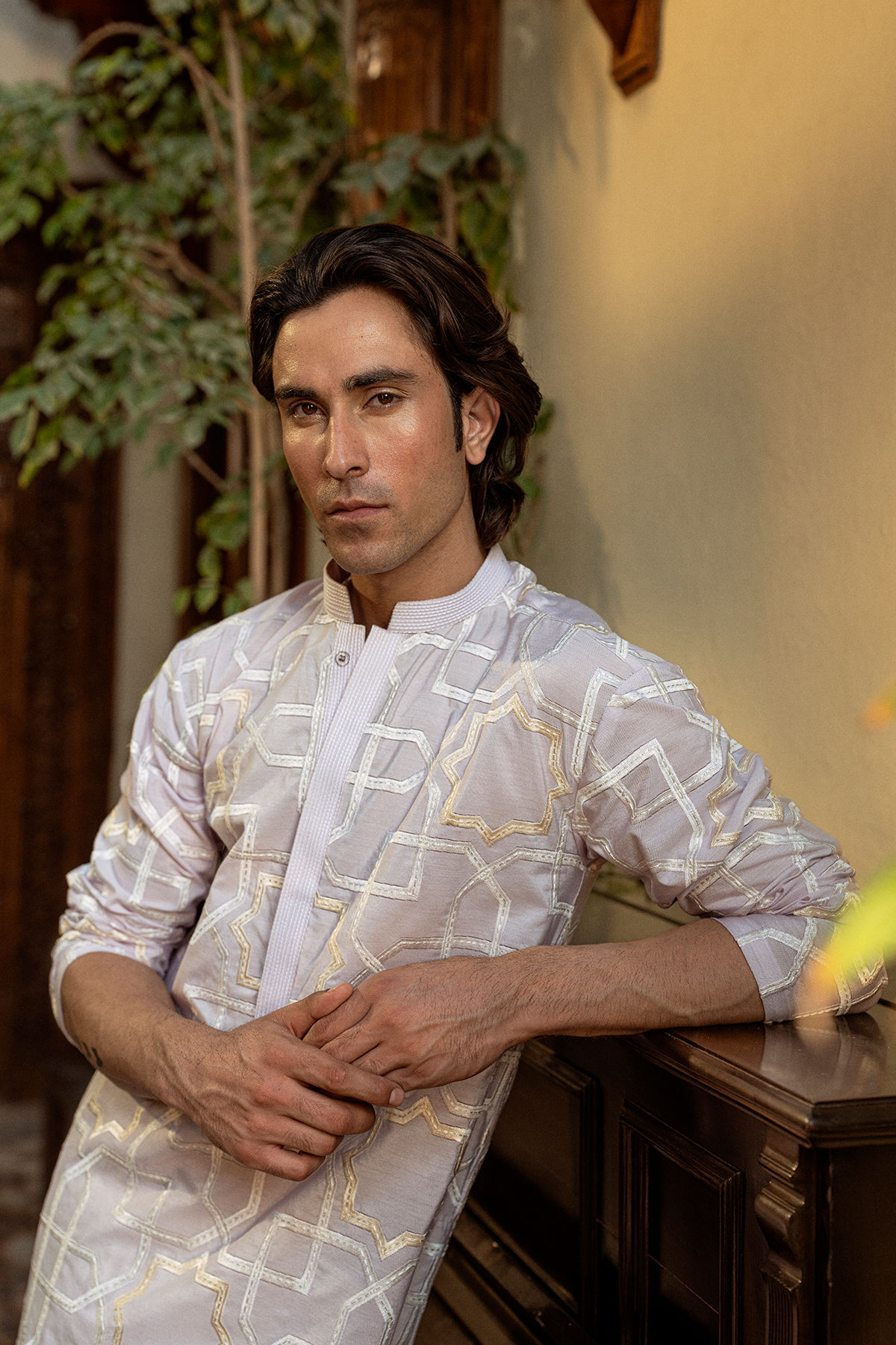 Lilac Geometric Embroidered Cotton Silk Kurta (2-Piece) - Image 5