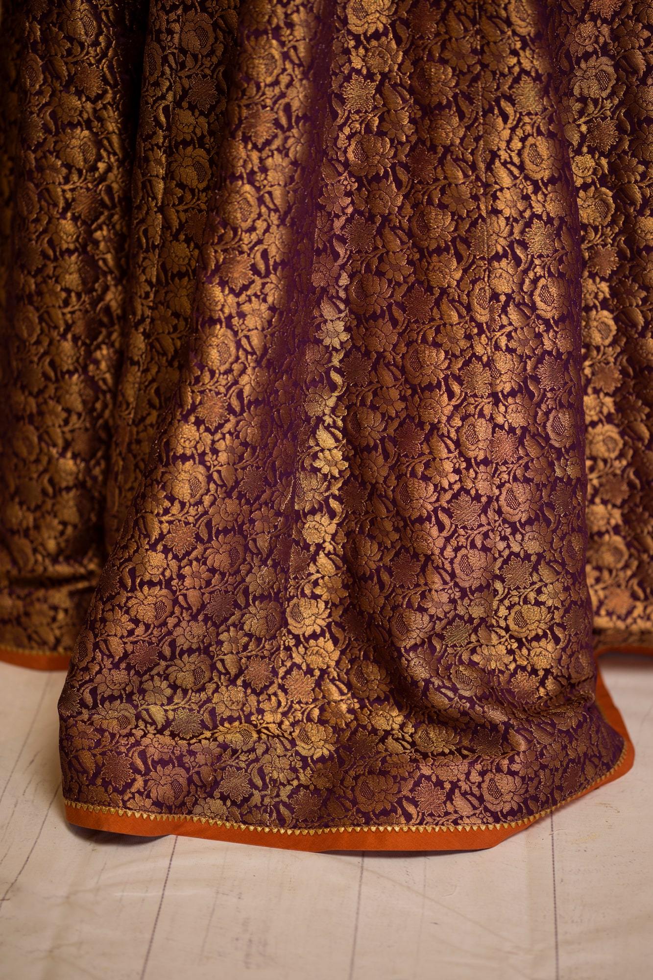 Deep Purple Embroidered Velvet & Banarsi Lehenga (3-Piece) - Image 1