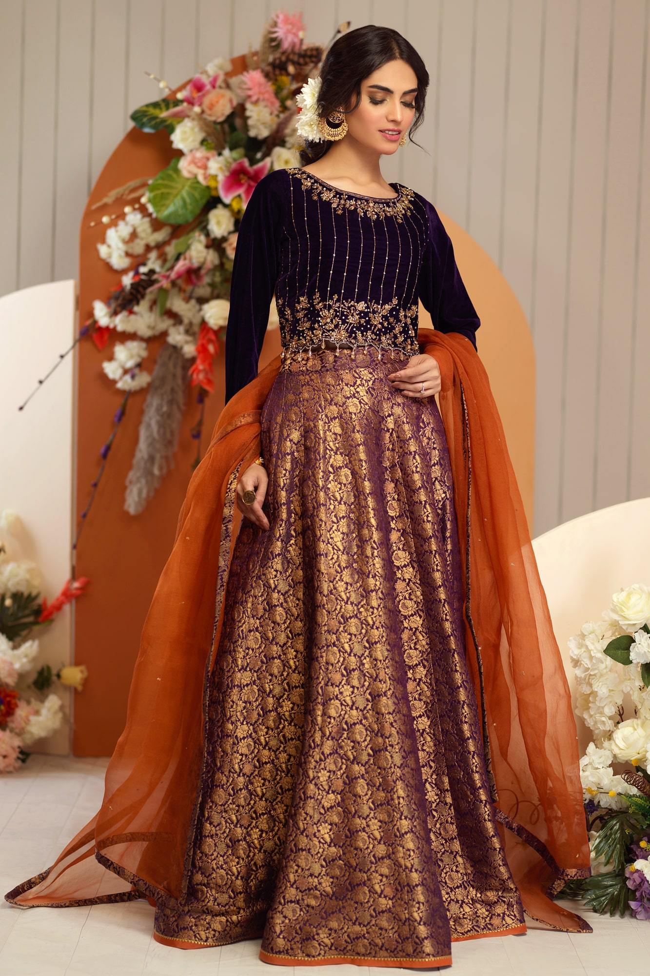 Deep Purple Embroidered Velvet & Banarsi Lehenga (3-Piece) - Image 2