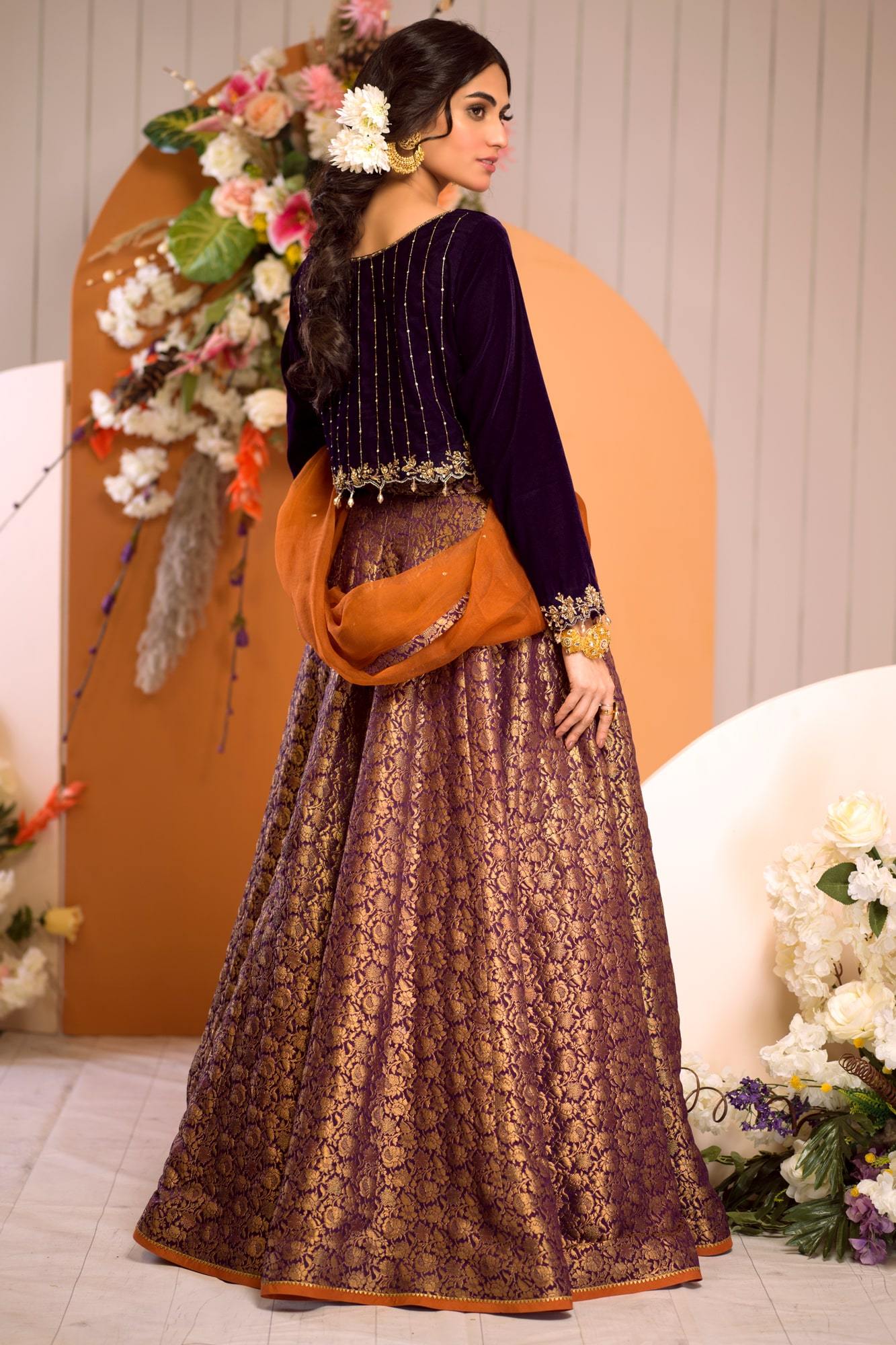 Deep Purple Embroidered Velvet & Banarsi Lehenga (3-Piece) - Image 3