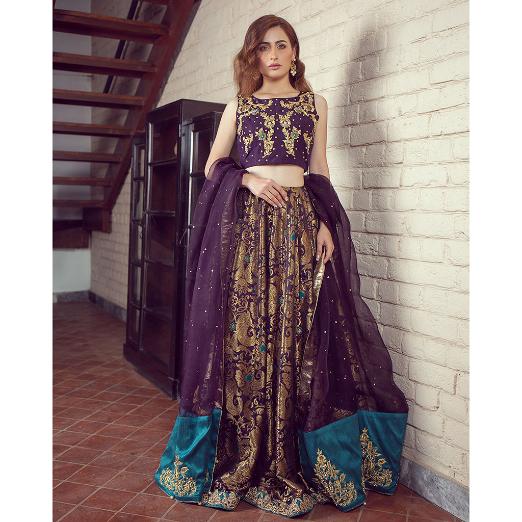 Pakistani Gold and Eggplant Brocade Kalidar Lehenga (3-Piece) - Image 1