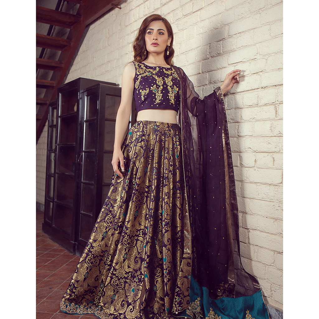 Pakistani Gold and Eggplant Brocade Kalidar Lehenga (3-Piece) - Image 2