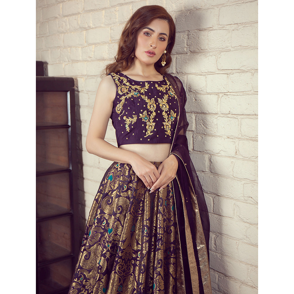 Pakistani Gold and Eggplant Brocade Kalidar Lehenga (3-Piece) - Image 3