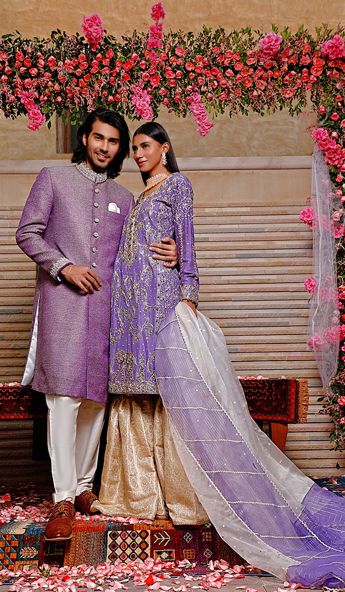 Lavender Embroidered Silk Kameez with Brocade Lehenga (3-Piece) - Image 1