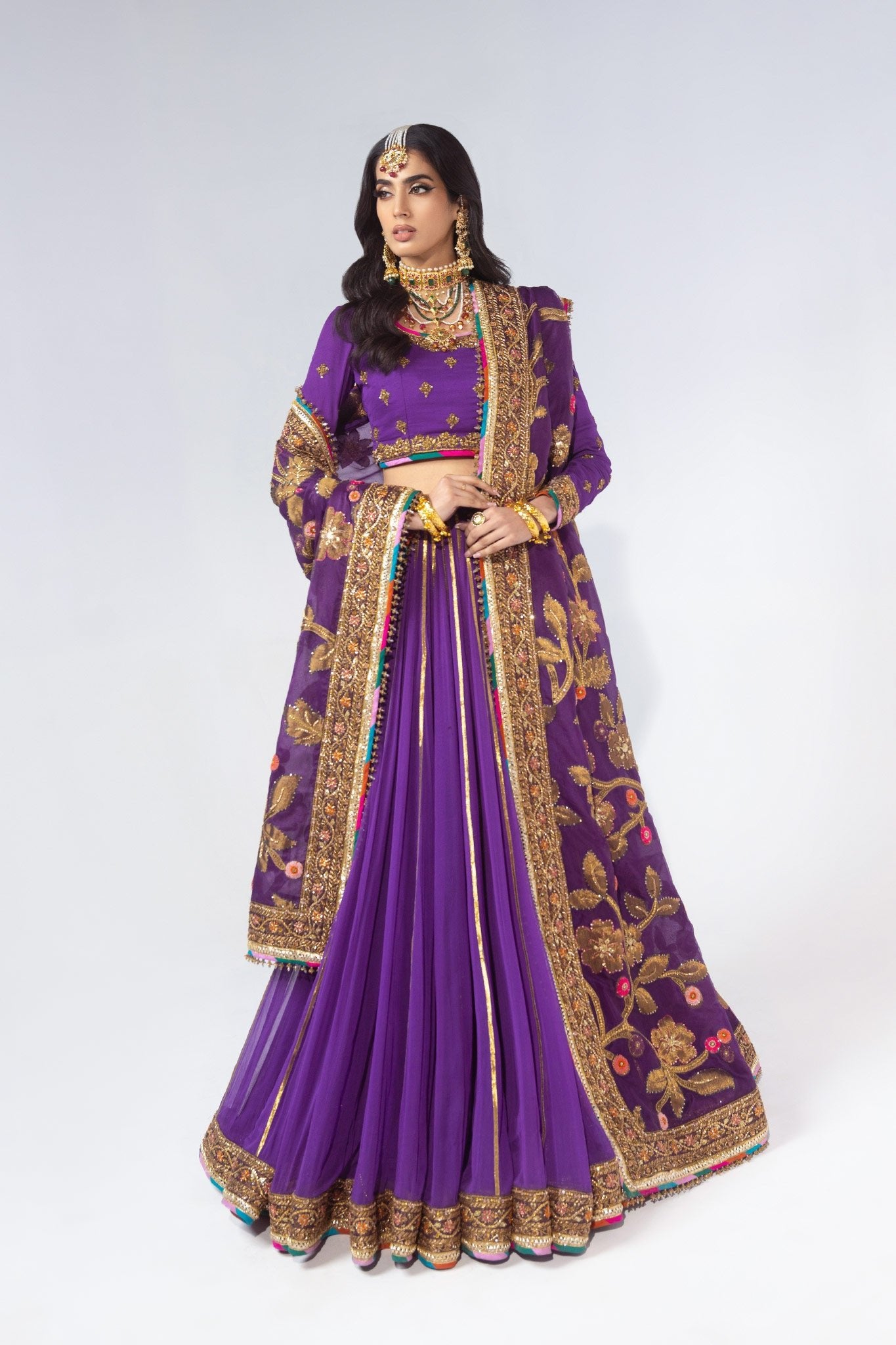 Pakistani Purple Zardozi Pure Chiffon & Jacquard Bridal Lehenga (3-Piece) - Image 2