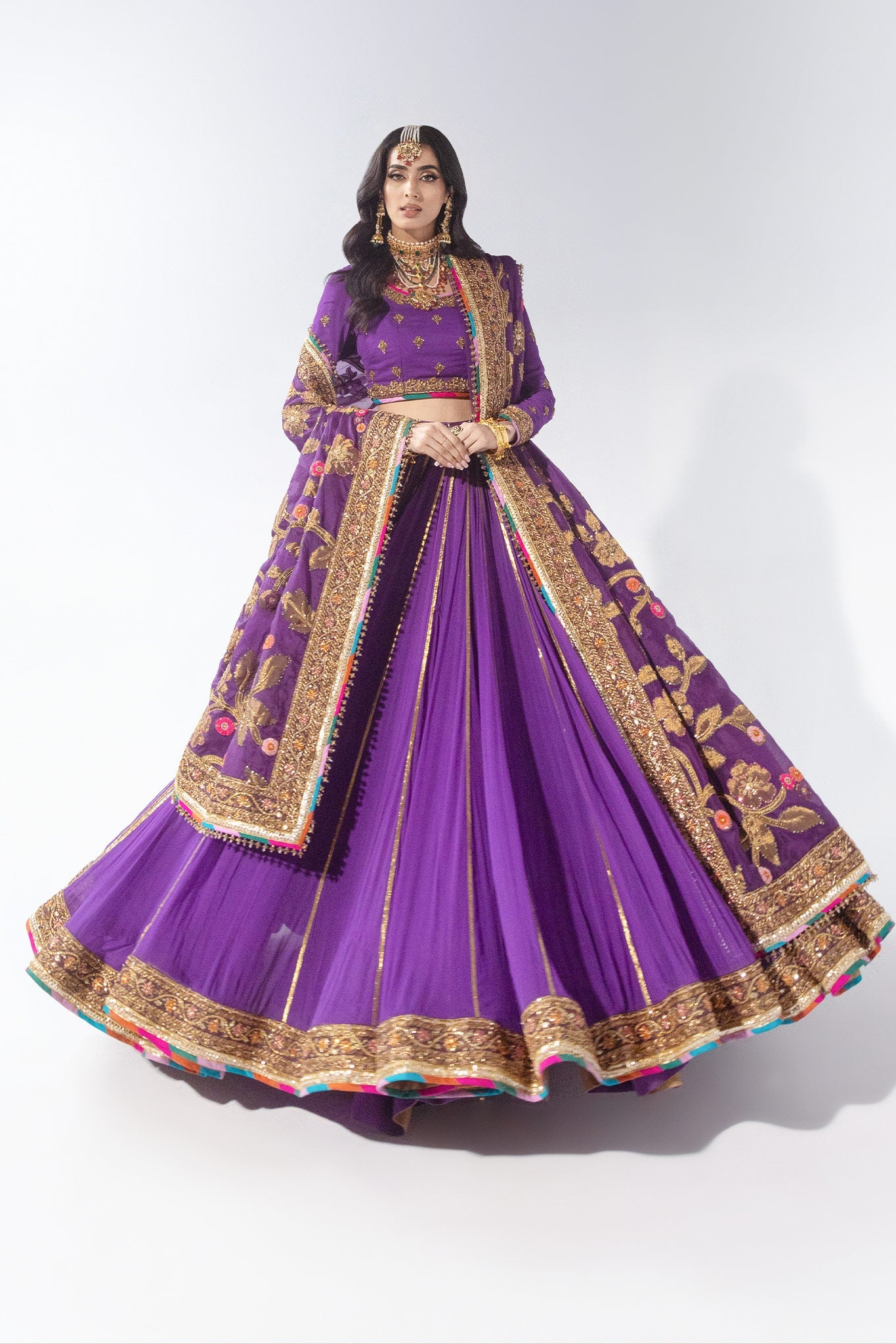Pakistani Purple Zardozi Pure Chiffon & Jacquard Bridal Lehenga (3-Piece) - Image 3