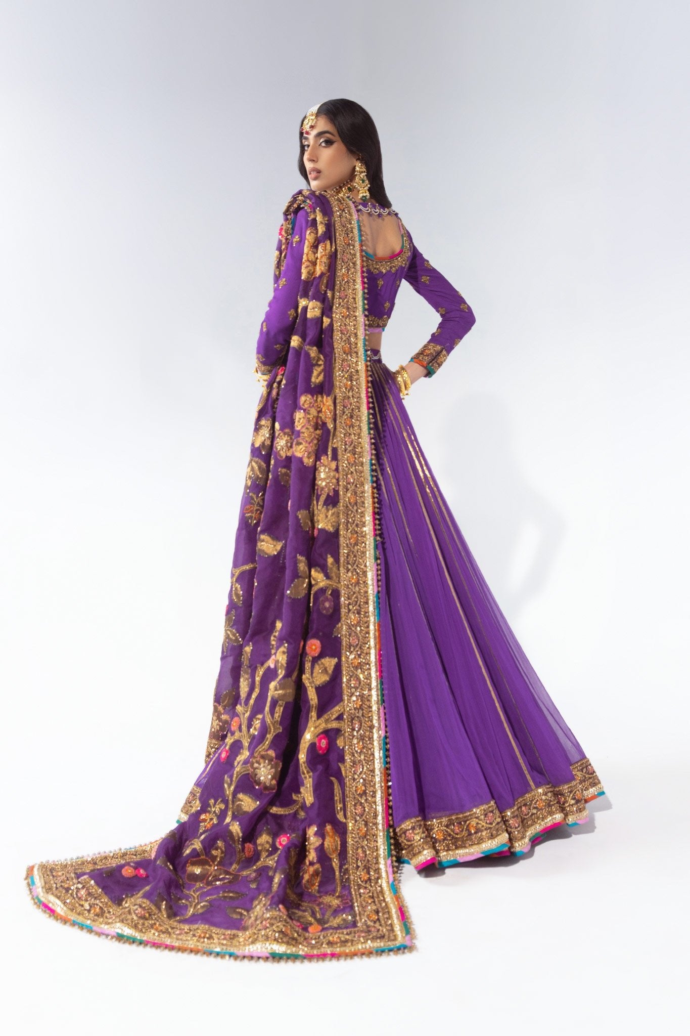 Pakistani Purple Zardozi Pure Chiffon & Jacquard Bridal Lehenga (3-Piece) - Image 4