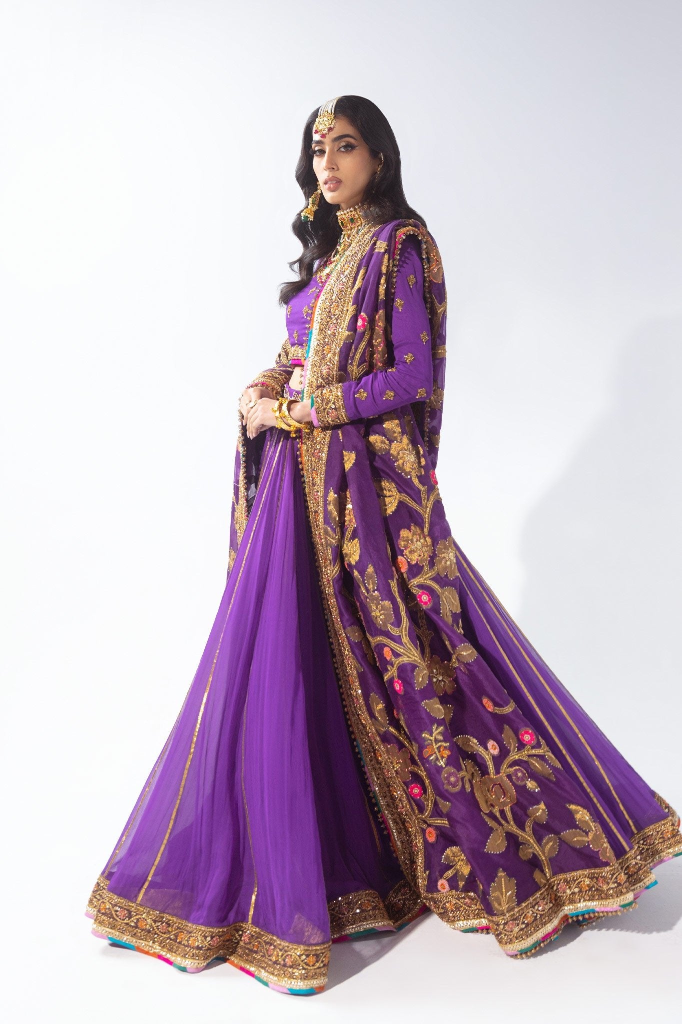 Pakistani Purple Zardozi Pure Chiffon & Jacquard Bridal Lehenga (3-Piece) - Image 5