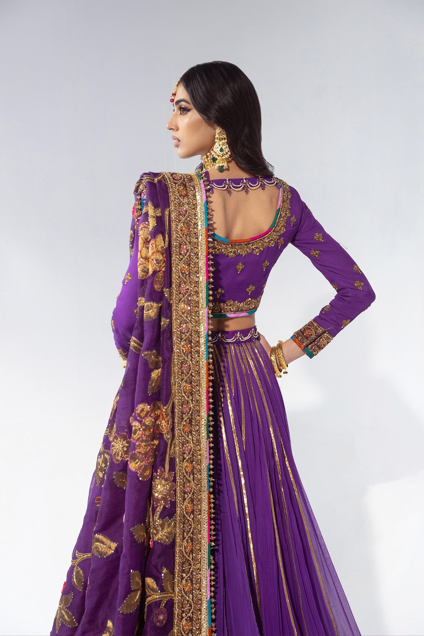 Pakistani Purple Zardozi Pure Chiffon & Jacquard Bridal Lehenga (3-Piece) - Image 6