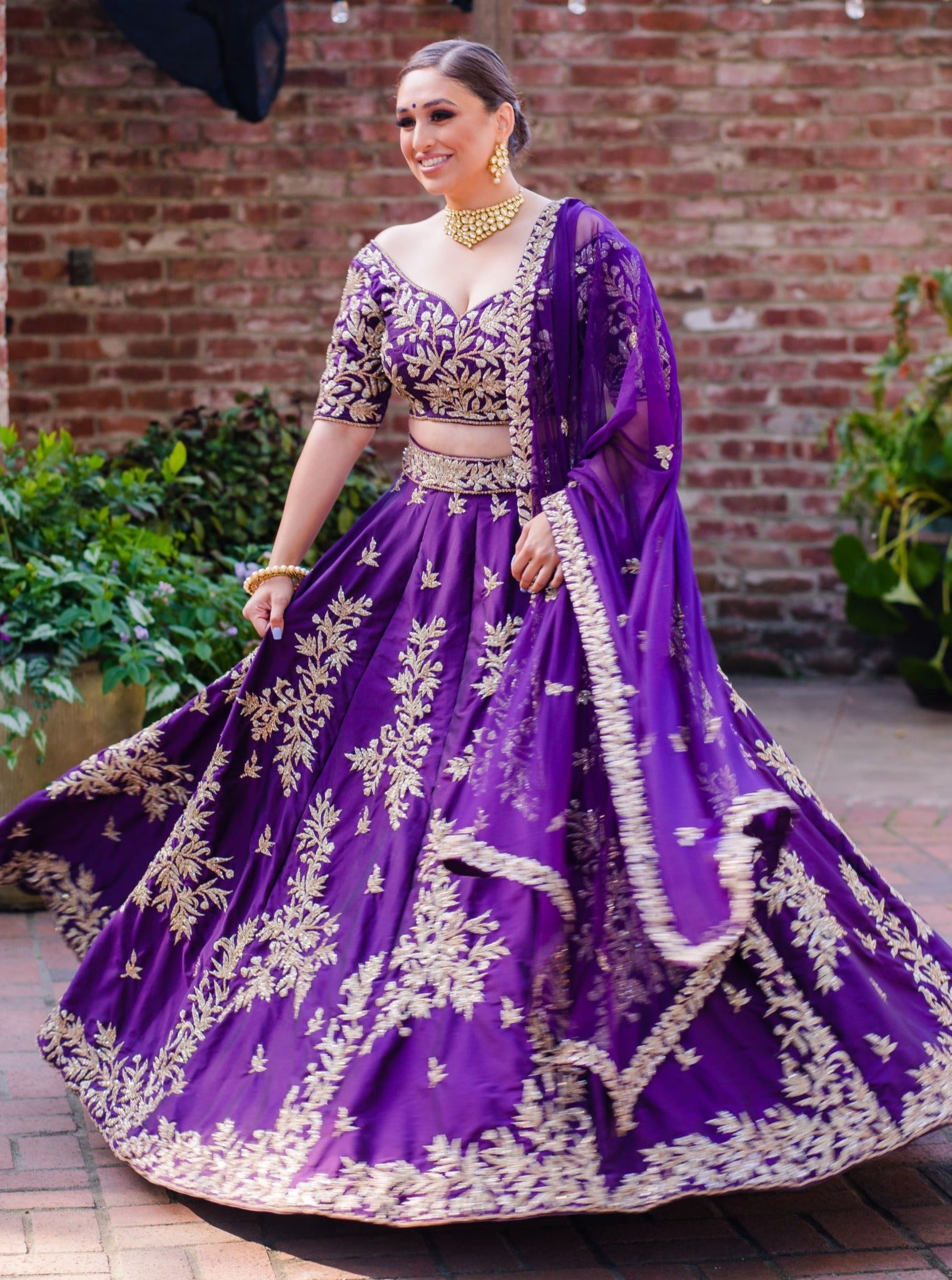 Indian Purple Zari Embroidered Dupion Silk Lehenga Choli (3-Piece) - Image 1