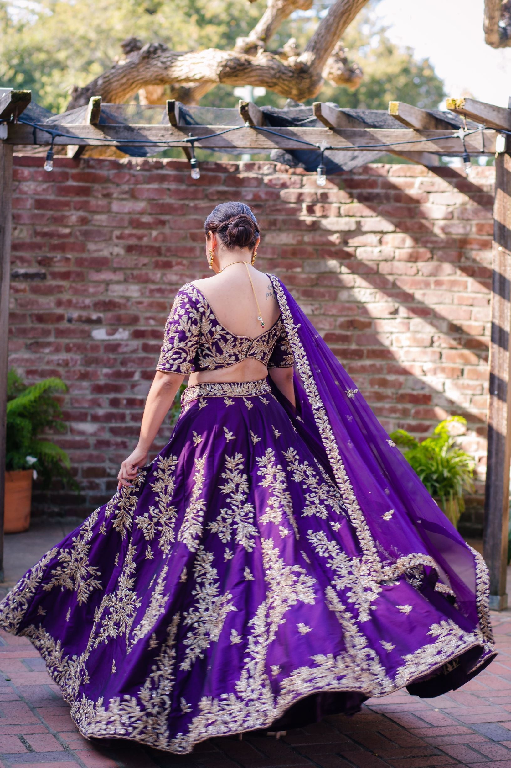 Indian Purple Zari Embroidered Dupion Silk Lehenga Choli (3-Piece) - Image 3