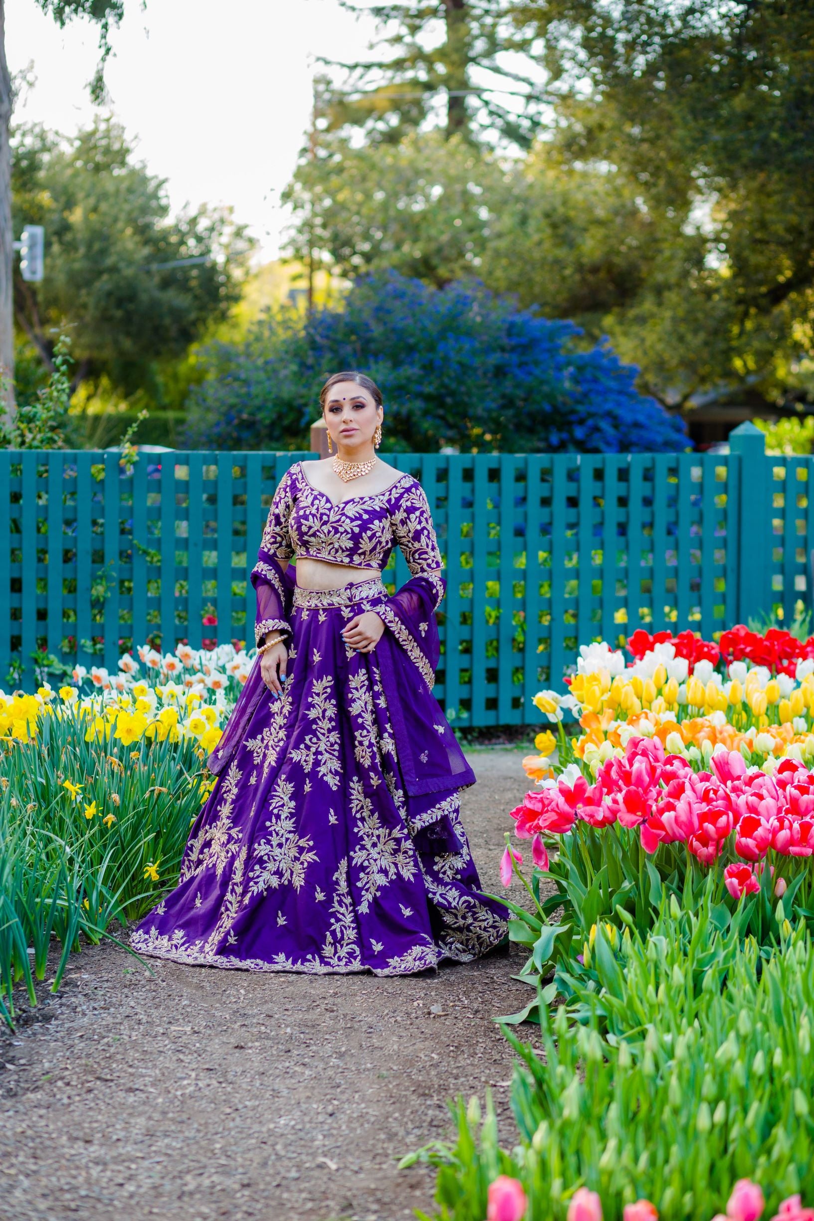 Indian Purple Zari Embroidered Dupion Silk Lehenga Choli (3-Piece) - Image 5