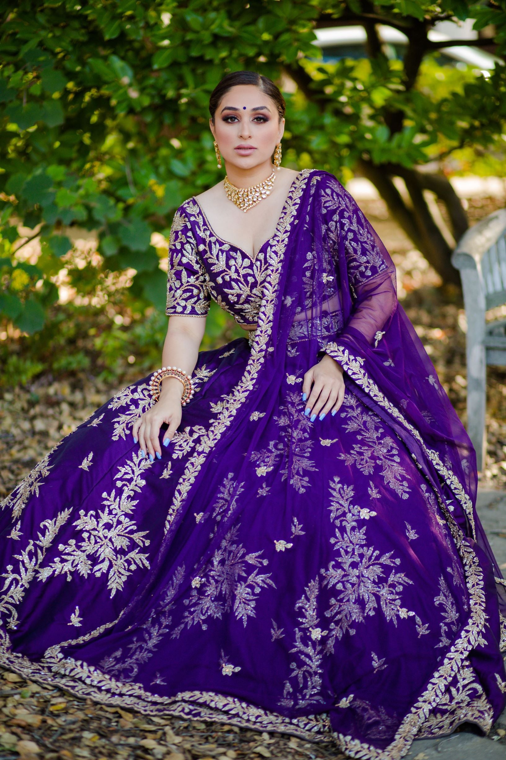 Indian Purple Zari Embroidered Dupion Silk Lehenga Choli (3-Piece) - Image 6