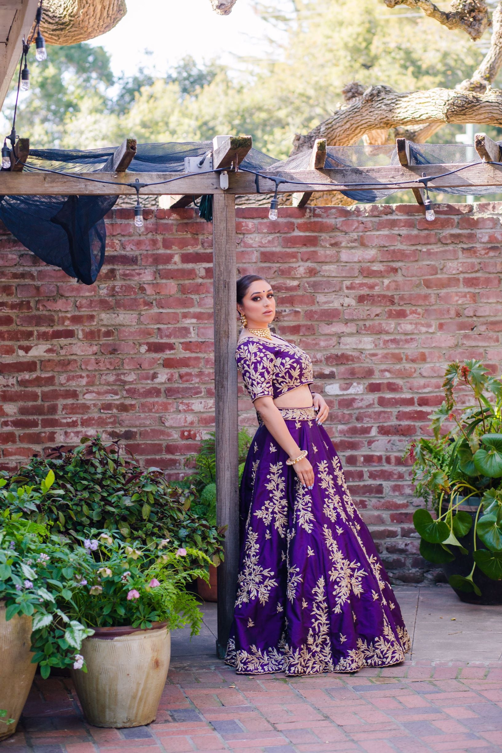 Indian Purple Zari Embroidered Dupion Silk Lehenga Choli (3-Piece) - Image 7