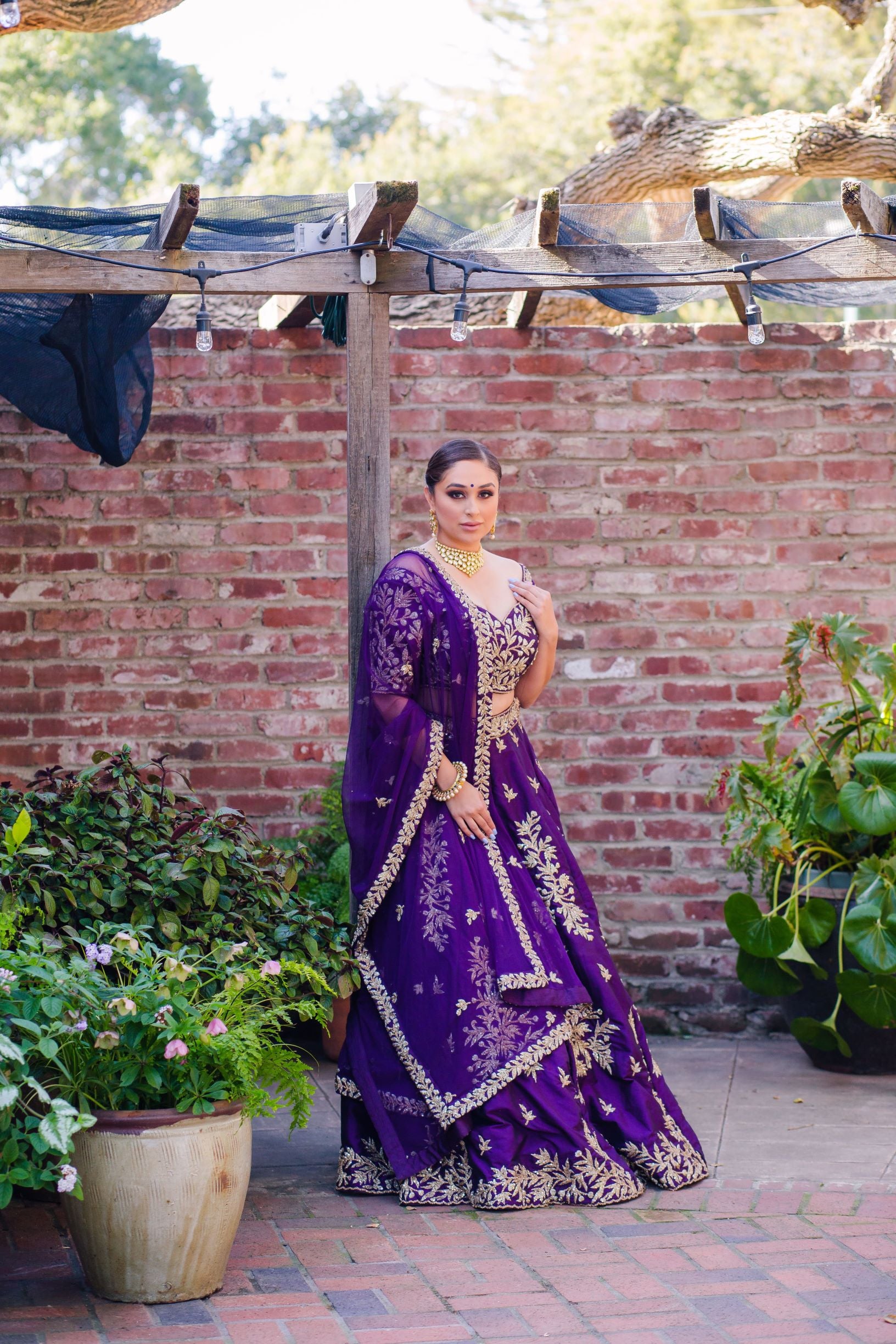 Indian Purple Zari Embroidered Dupion Silk Lehenga Choli (3-Piece) - Image 8