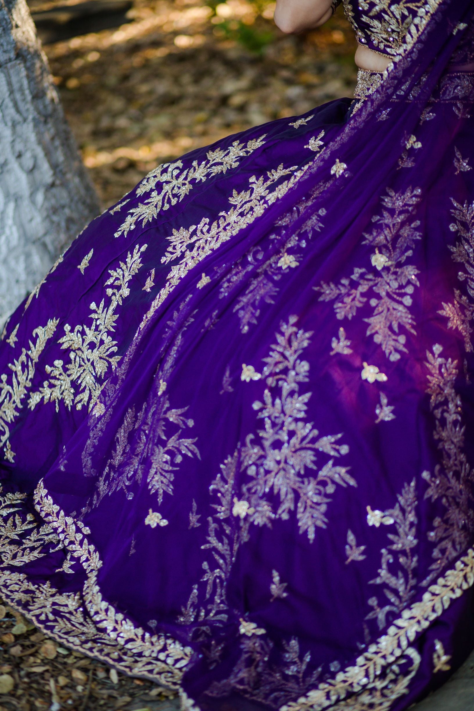 Indian Purple Zari Embroidered Dupion Silk Lehenga Choli (3-Piece) - Image 9