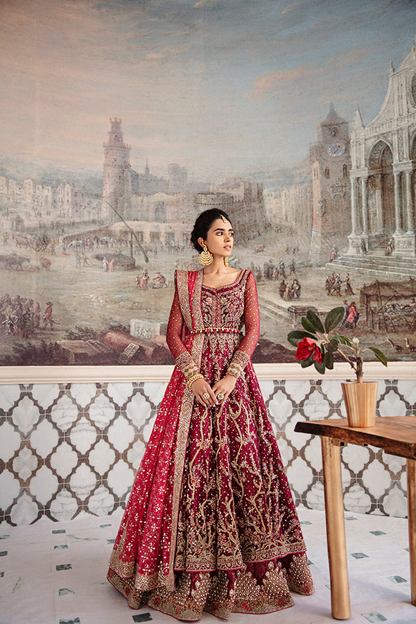 Plum Embellished Net Peshwas with Red Jamawar Lehenga (3-Piece) - Image 1