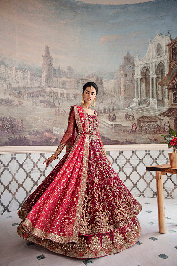 Plum Embellished Net Peshwas with Red Jamawar Lehenga (3-Piece) - Image 2