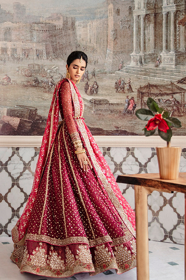 Plum Embellished Net Peshwas with Red Jamawar Lehenga (3-Piece) - Image 3