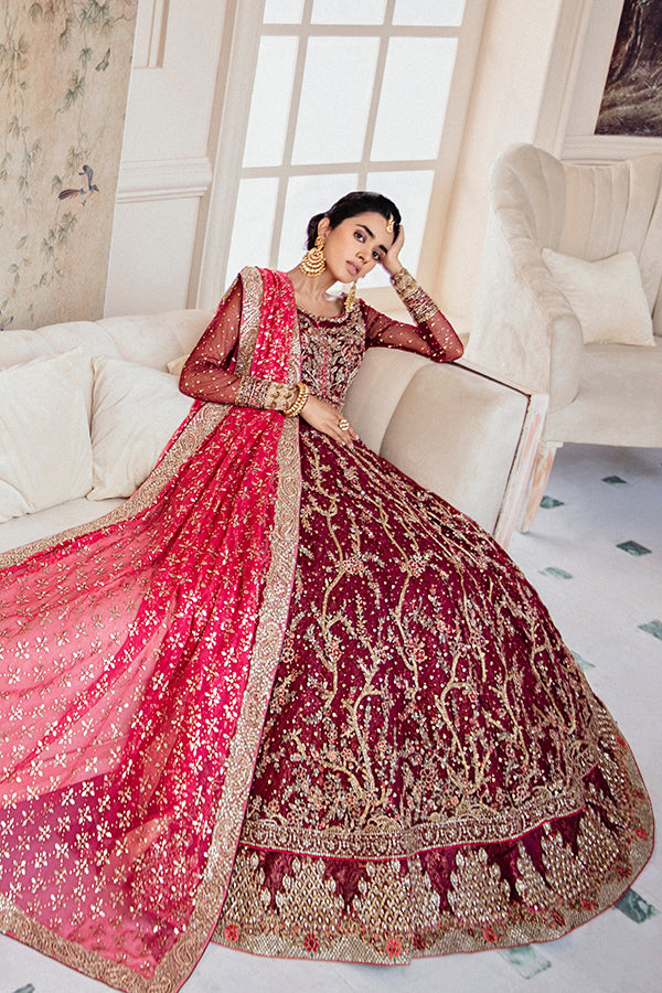 Plum Embellished Net Peshwas with Red Jamawar Lehenga (3-Piece) - Image 4