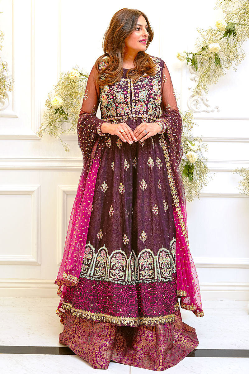 Pakistani Plum Embroidered Net Kalidar Lehenga (3-Piece) - Image 1
