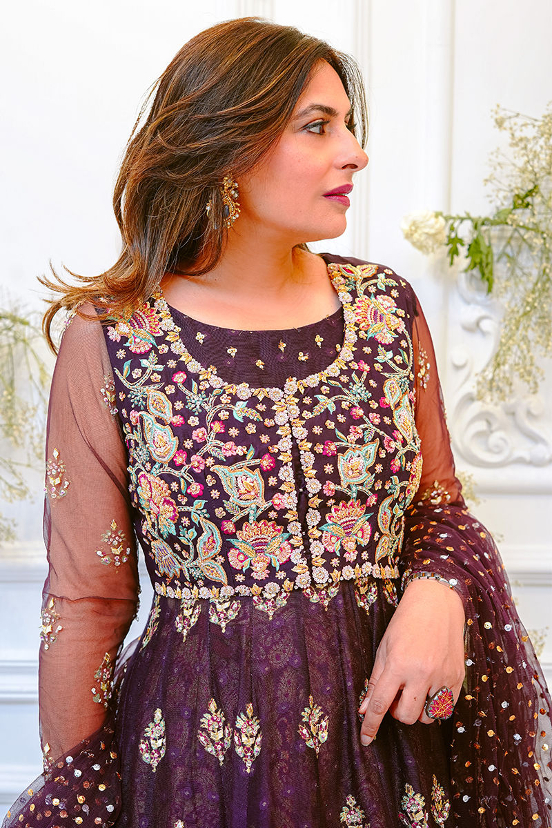 Pakistani Plum Embroidered Net Kalidar Lehenga (3-Piece) - Image 2