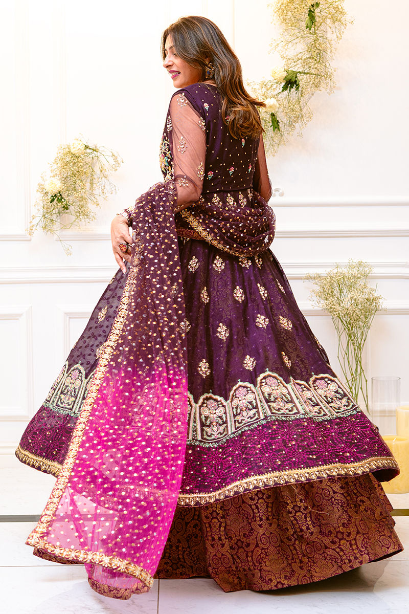 Pakistani Plum Embroidered Net Kalidar Lehenga (3-Piece) - Image 3