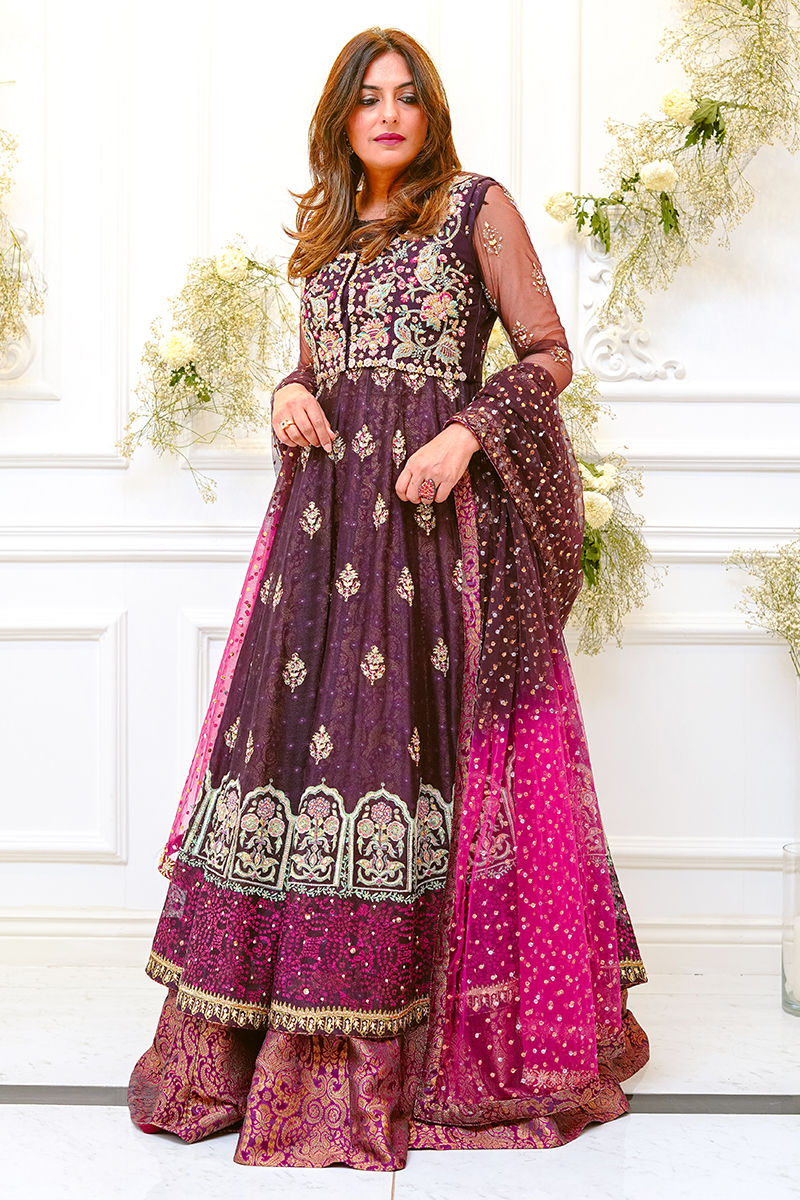 Pakistani Plum Embroidered Net Kalidar Lehenga (3-Piece) - Image 4