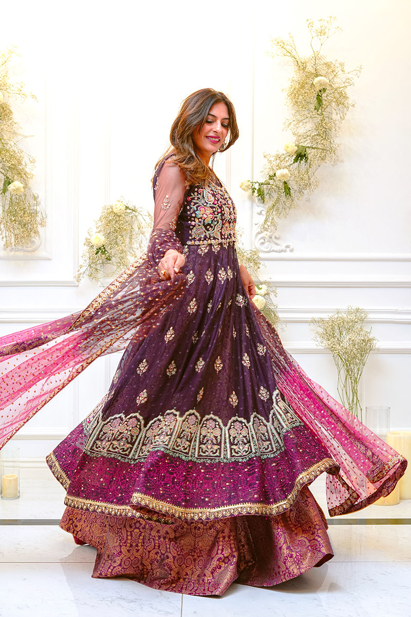Pakistani Plum Embroidered Net Kalidar Lehenga (3-Piece) - Image 5