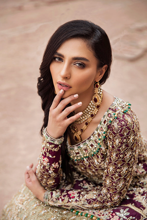 Plum Embroidered Self-Jamawar Lehenga Set (3-Piece) - Image 2