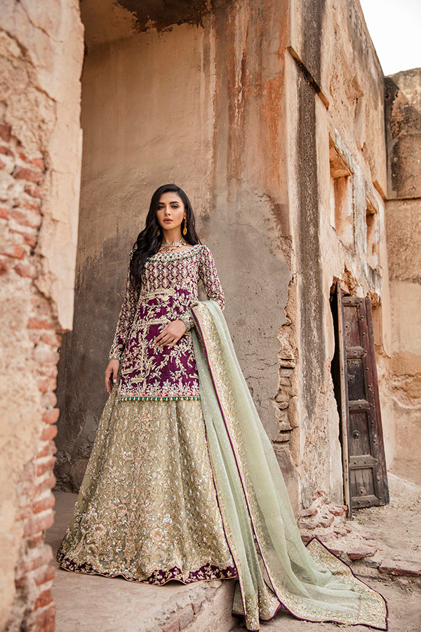 Plum Embroidered Self-Jamawar Lehenga Set (3-Piece) - Image 3
