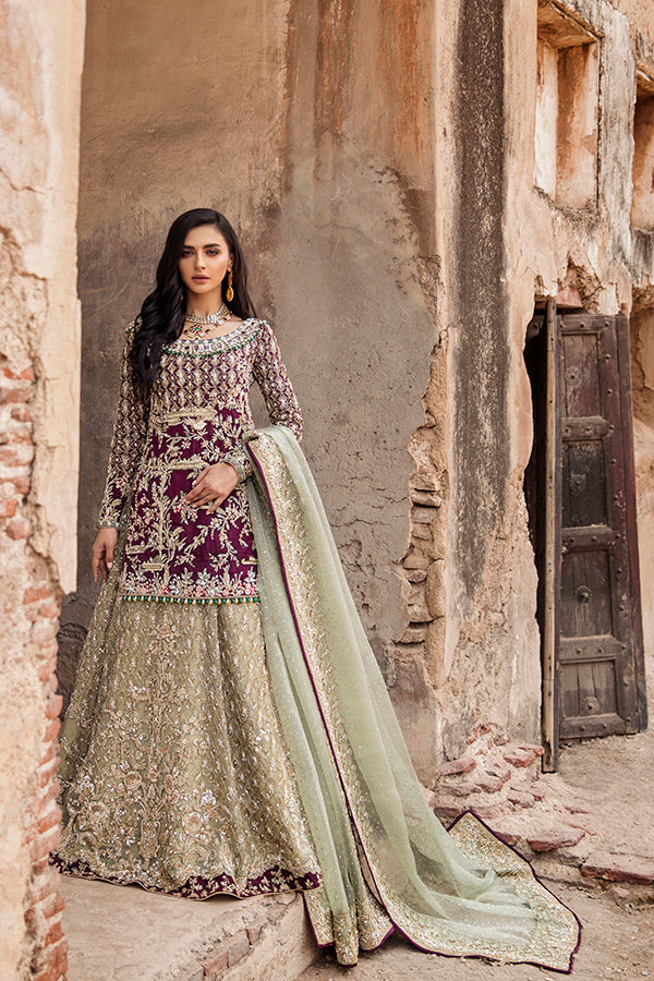 Plum Embroidered Self-Jamawar Lehenga Set (3-Piece) - Image 4