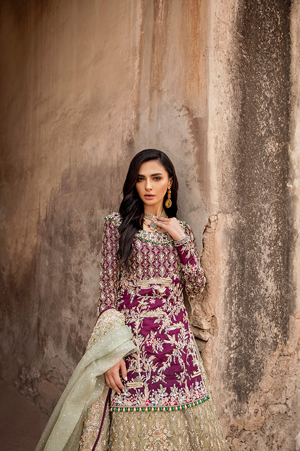 Plum Embroidered Self-Jamawar Lehenga Set (3-Piece) - Image 5