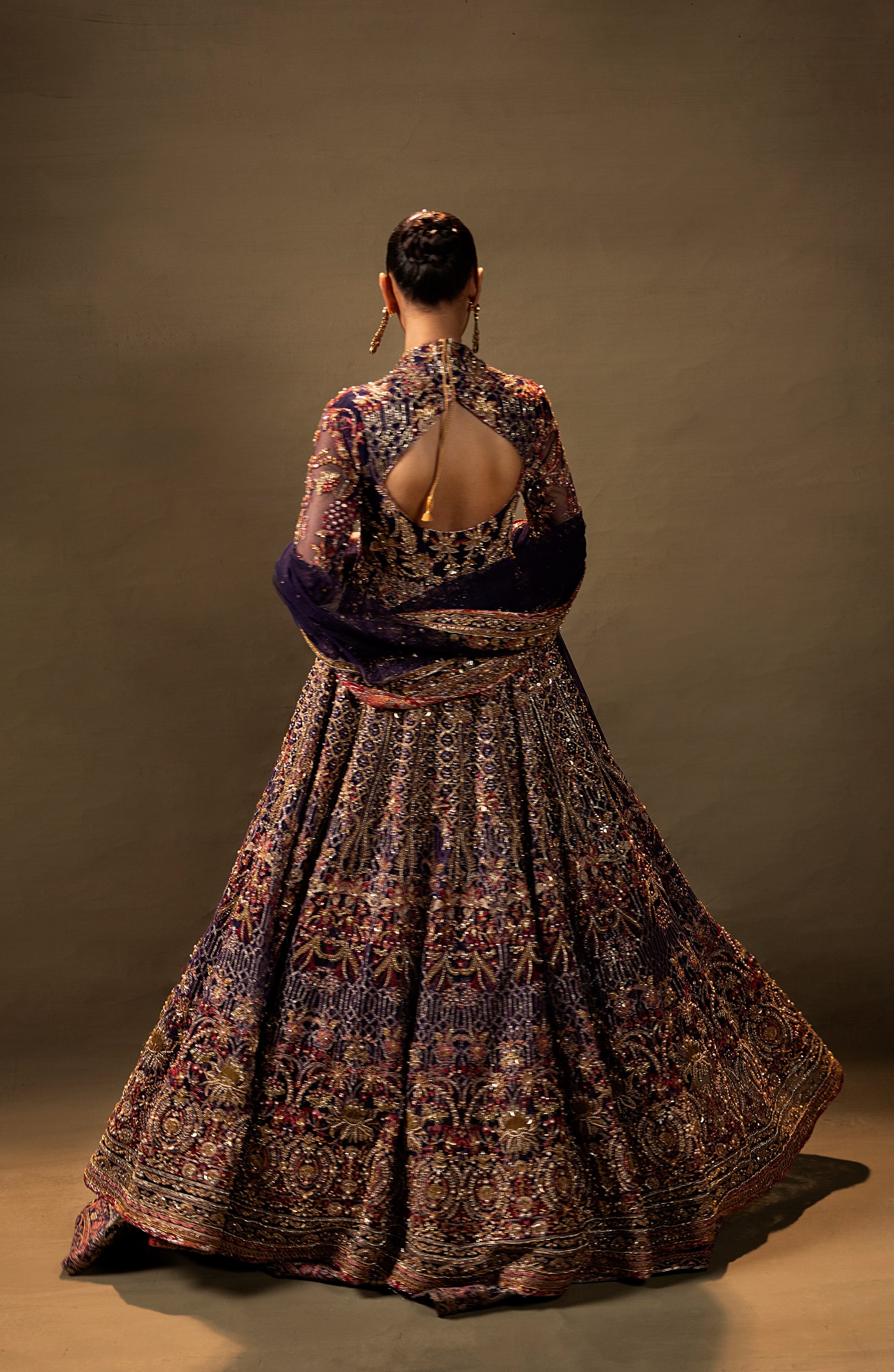 Irish Purple Embroidered Jamawar Lehenga Gown (3-Piece) - Image 3