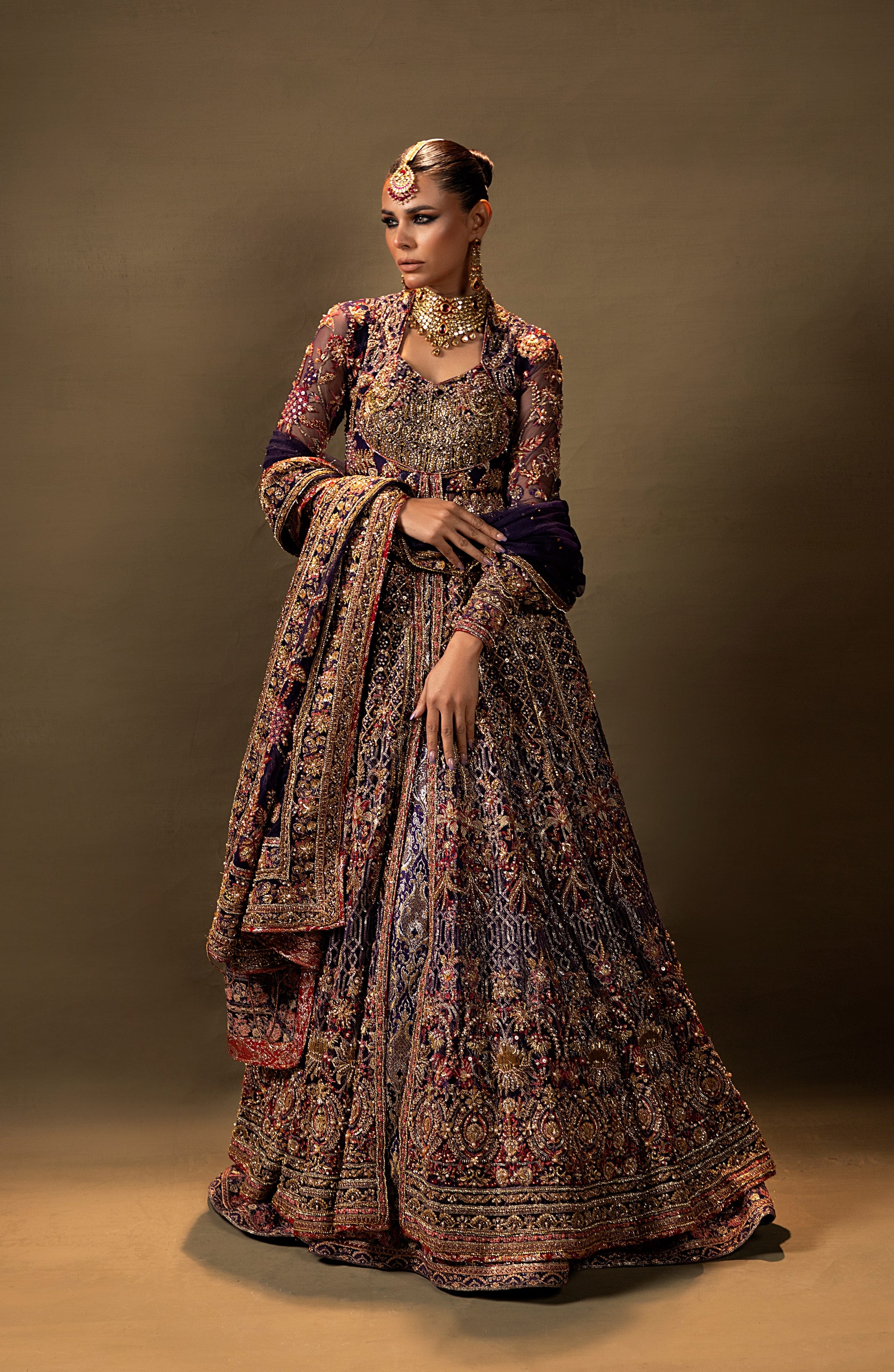 Irish Purple Embroidered Jamawar Lehenga Gown (3-Piece) - Image 5