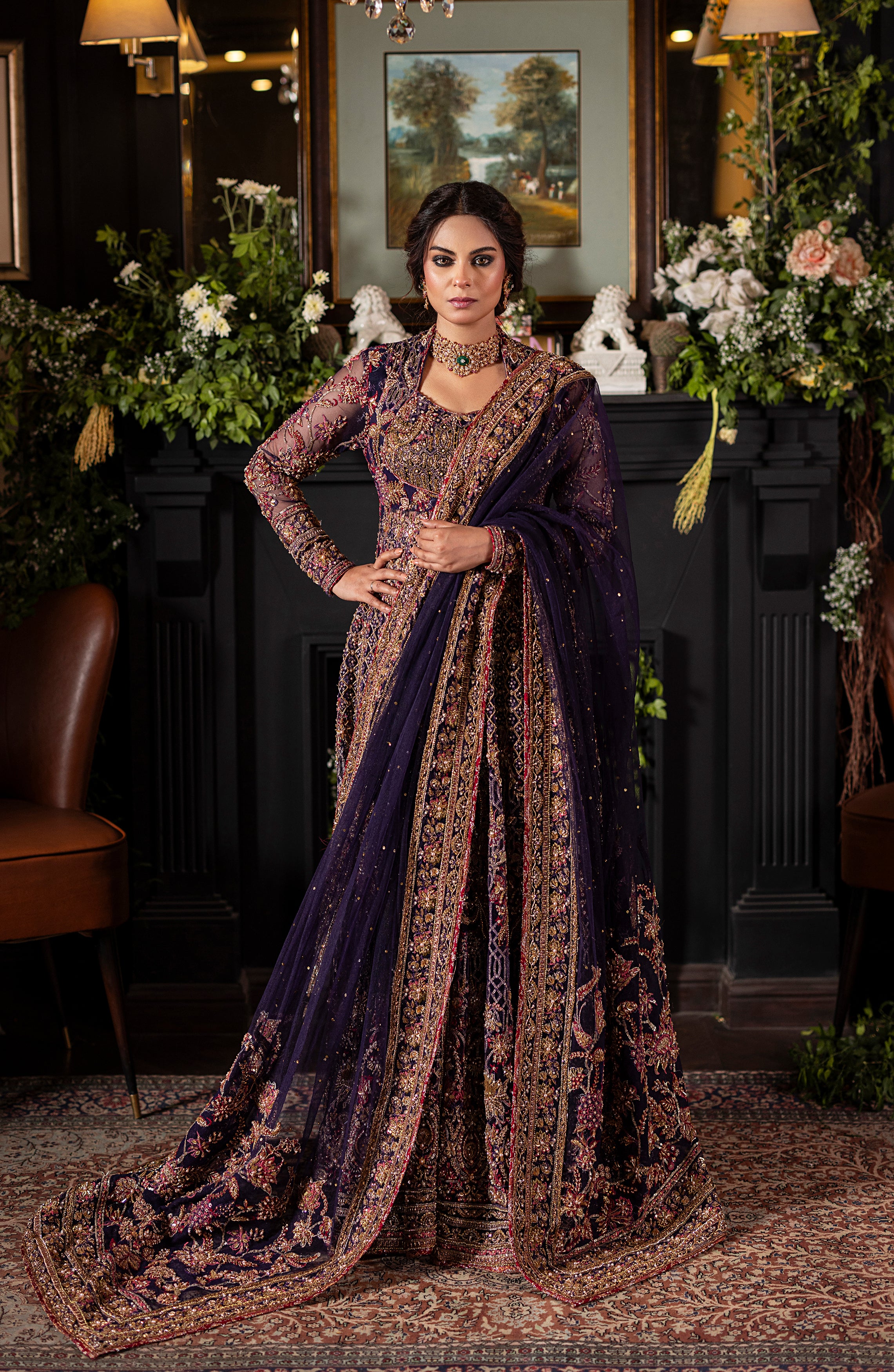 Pakistani Irish Purple Embroidered Net Gown with Jamawar Lehenga (3-Piece) - Image 10