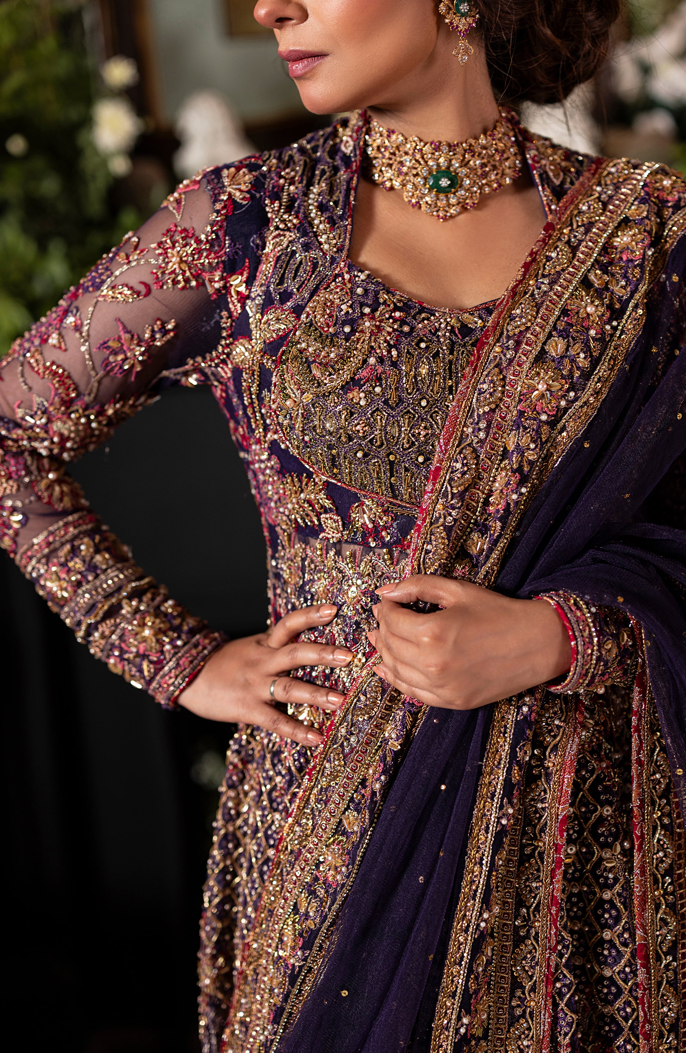 Pakistani Irish Purple Embroidered Net Gown with Jamawar Lehenga (3-Piece) - Image 11