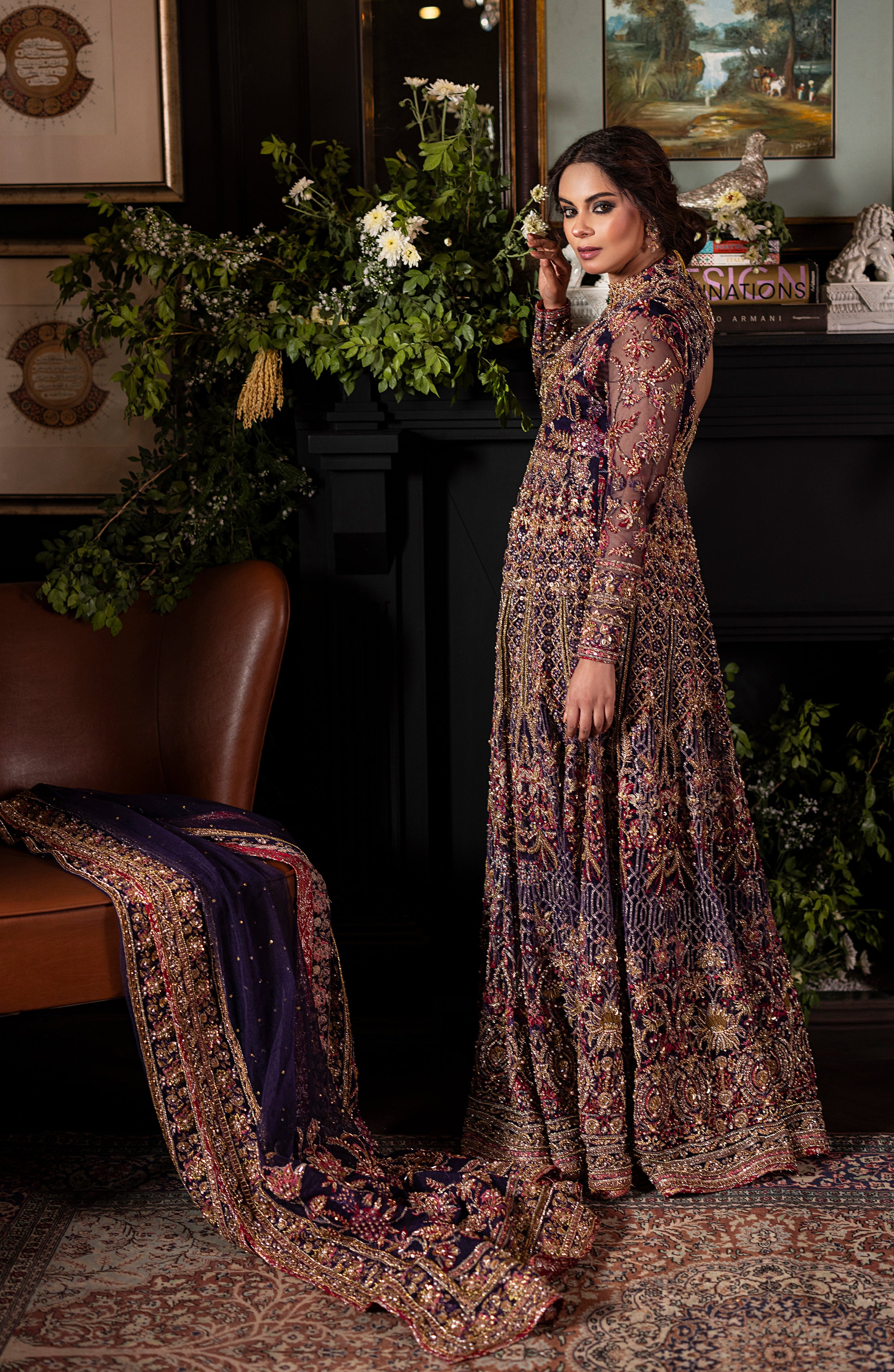 Pakistani Irish Purple Embroidered Net Gown with Jamawar Lehenga (3-Piece) - Image 13