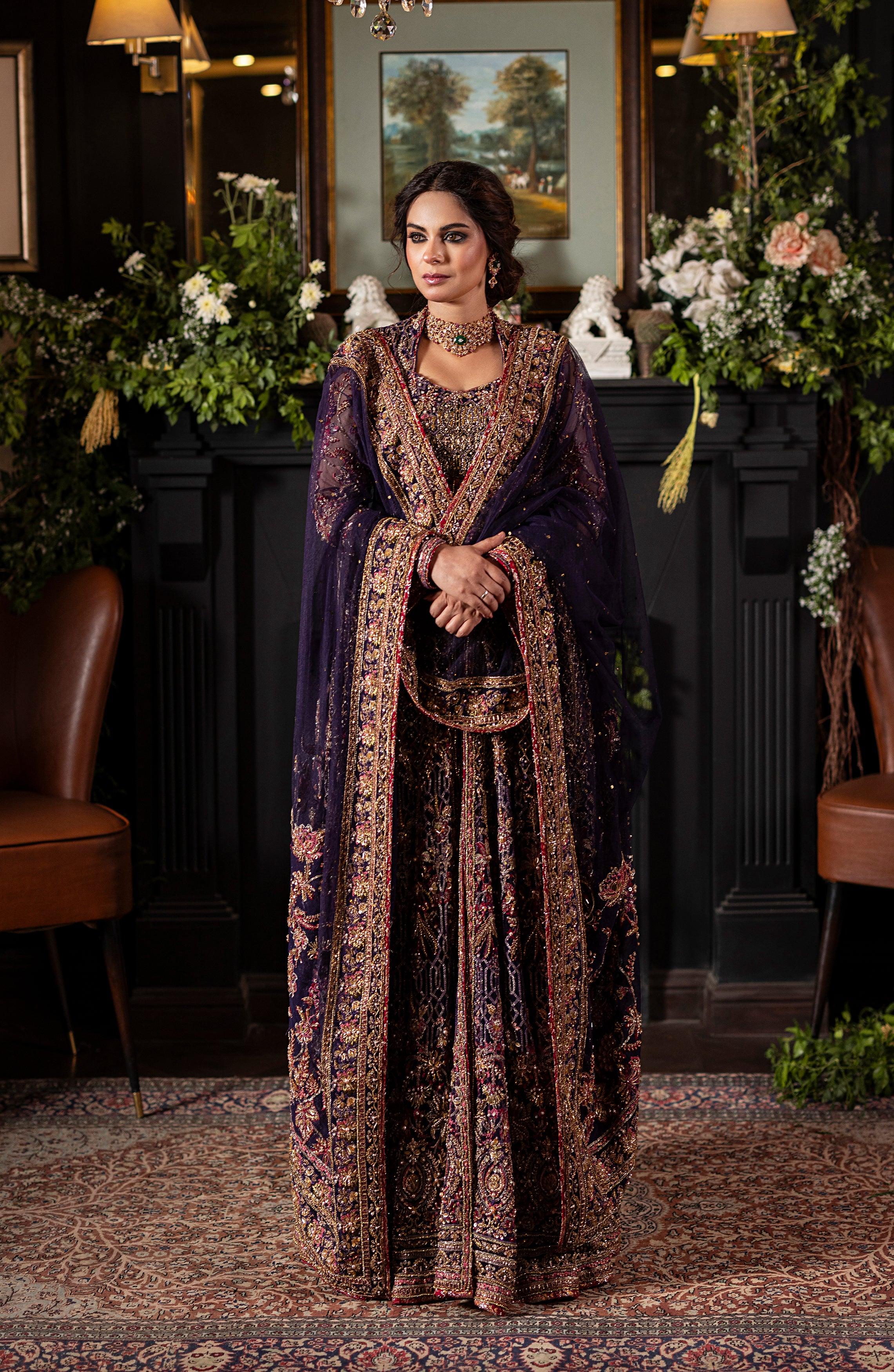 Pakistani Irish Purple Embroidered Net Gown with Jamawar Lehenga (3-Piece) - Image 2
