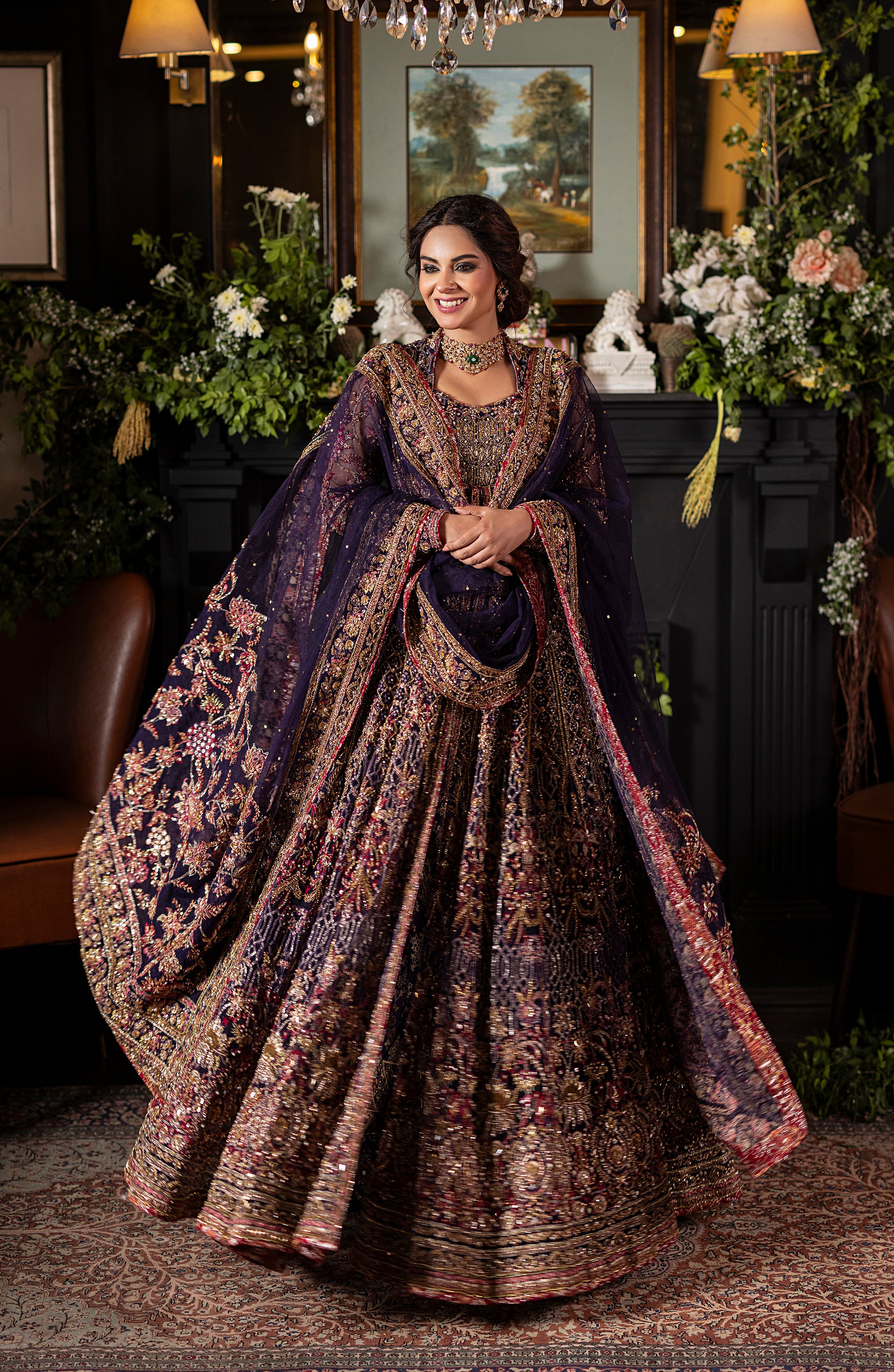 Pakistani Irish Purple Embroidered Net Gown with Jamawar Lehenga (3-Piece) - Image 3