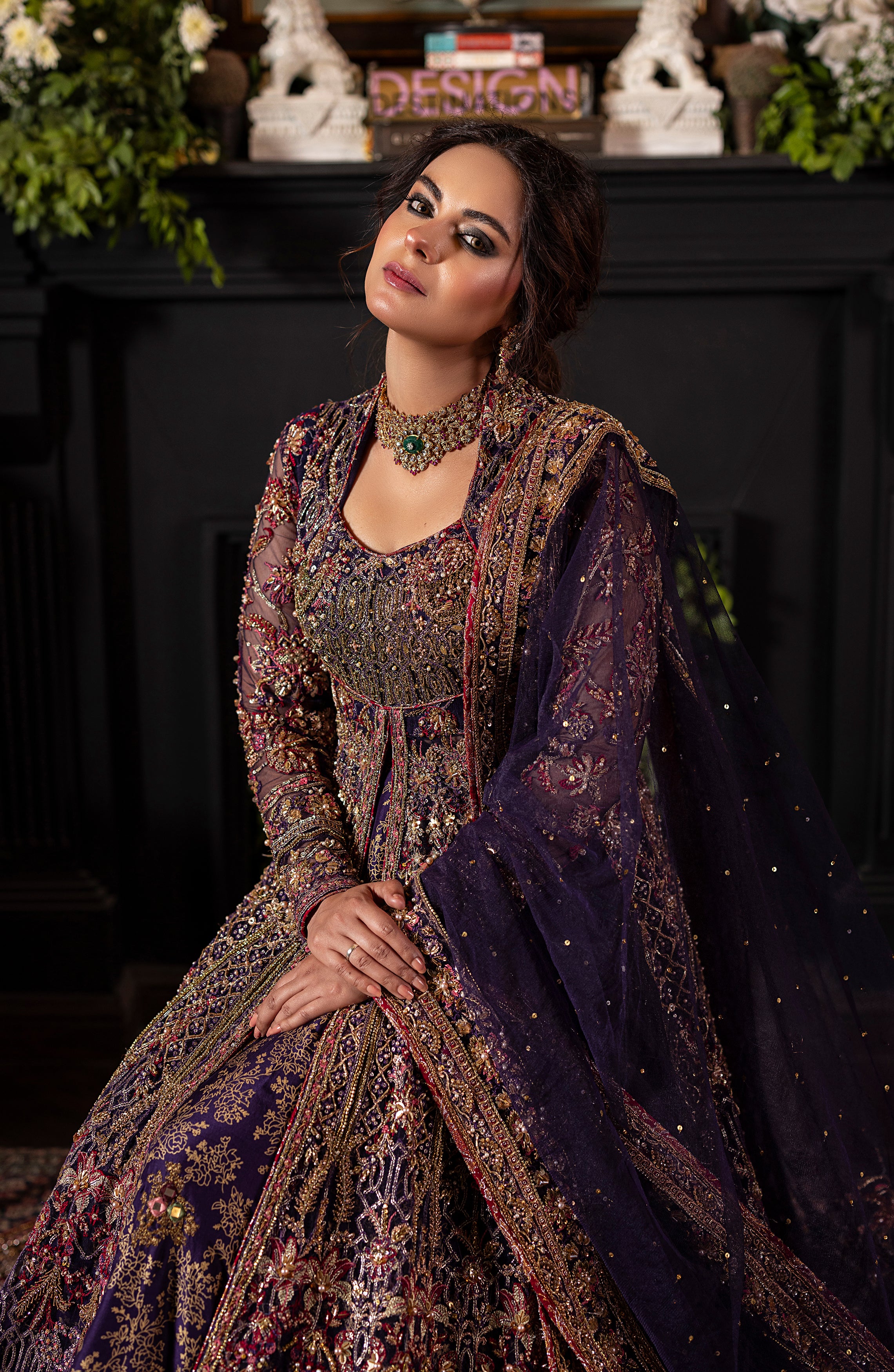 Pakistani Irish Purple Embroidered Net Gown with Jamawar Lehenga (3-Piece) - Image 4