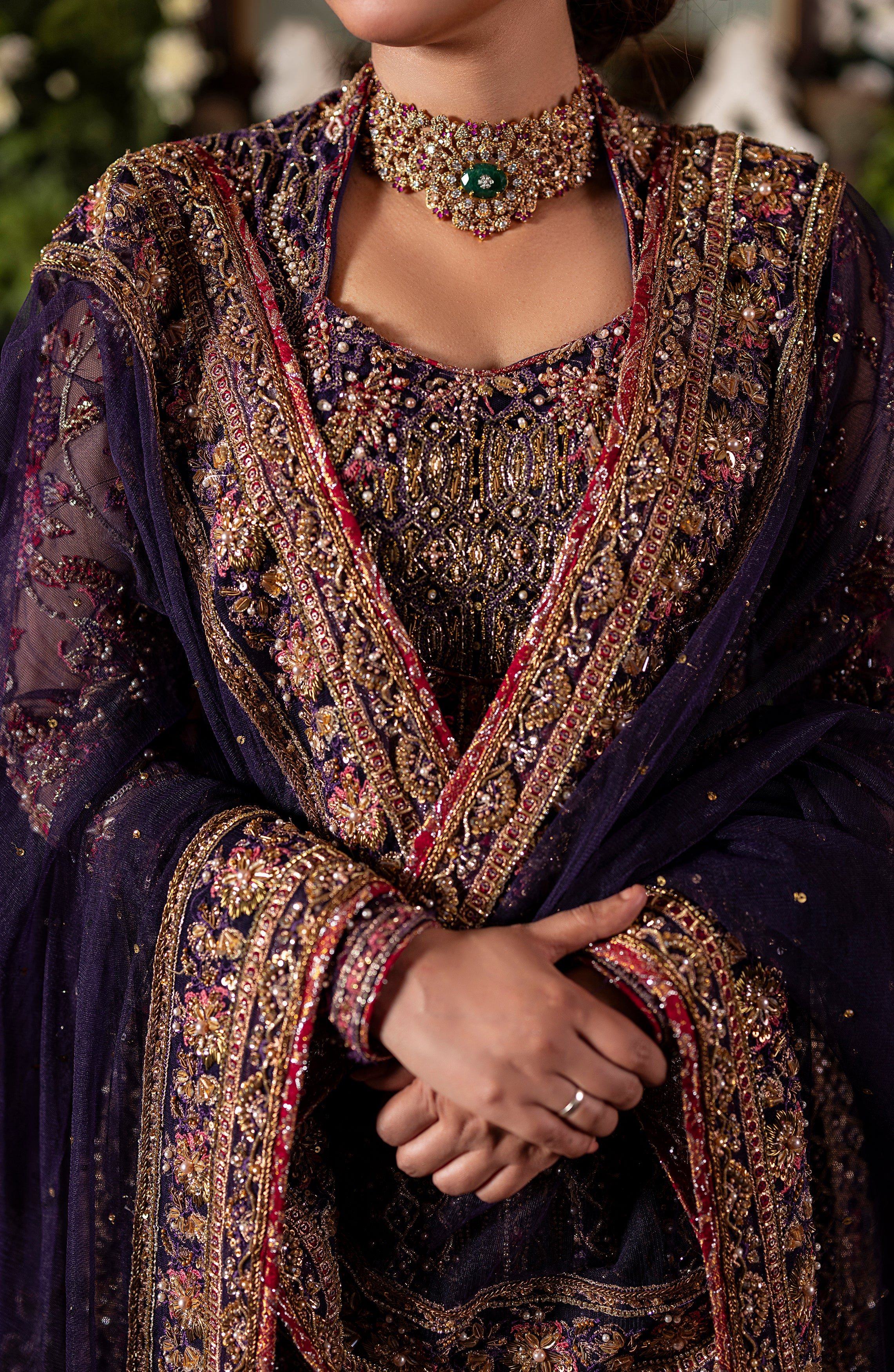 Pakistani Irish Purple Embroidered Net Gown with Jamawar Lehenga (3-Piece) - Image 5