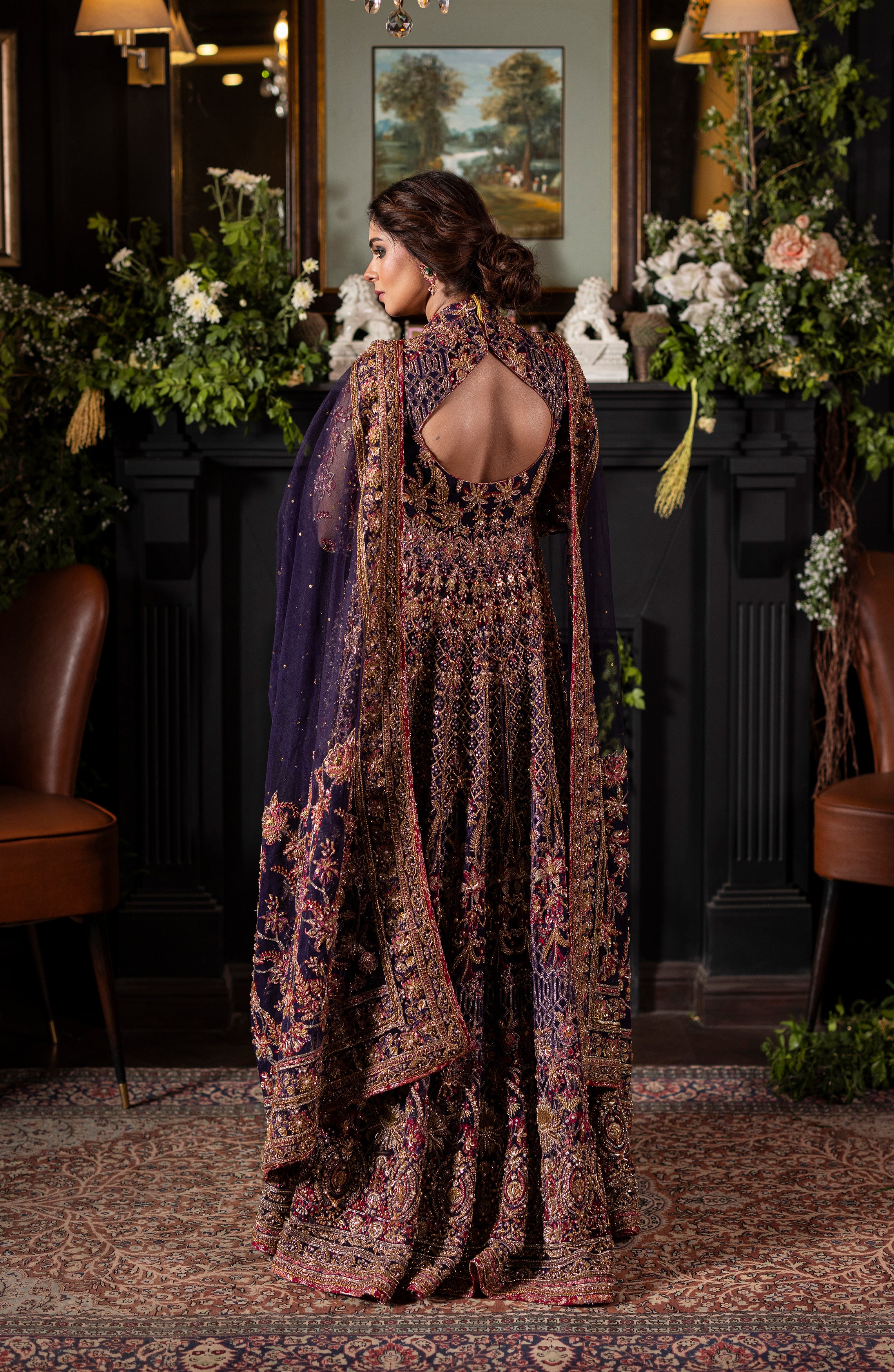 Pakistani Irish Purple Embroidered Net Gown with Jamawar Lehenga (3-Piece) - Image 6