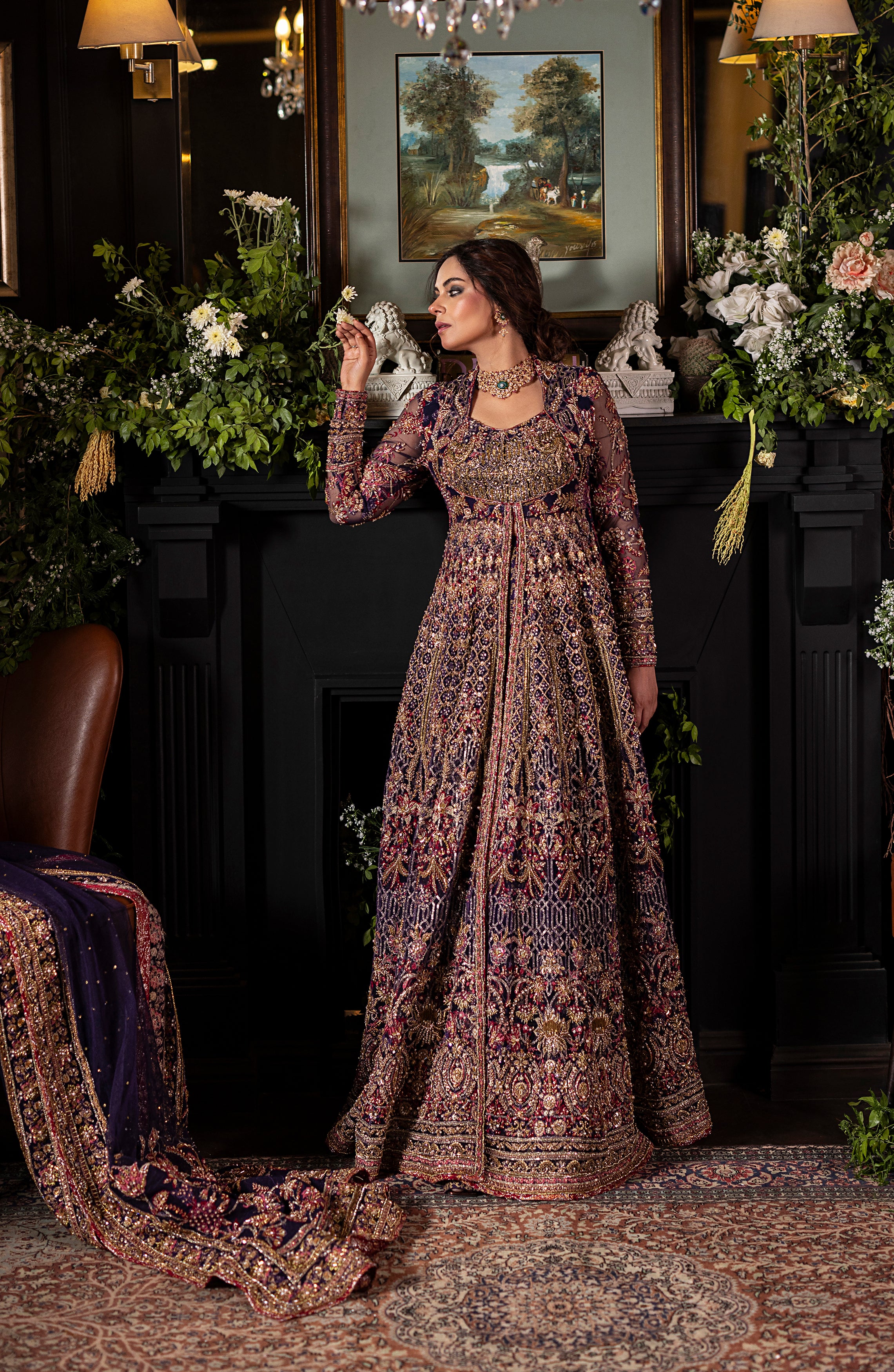 Pakistani Irish Purple Embroidered Net Gown with Jamawar Lehenga (3-Piece) - Image 7