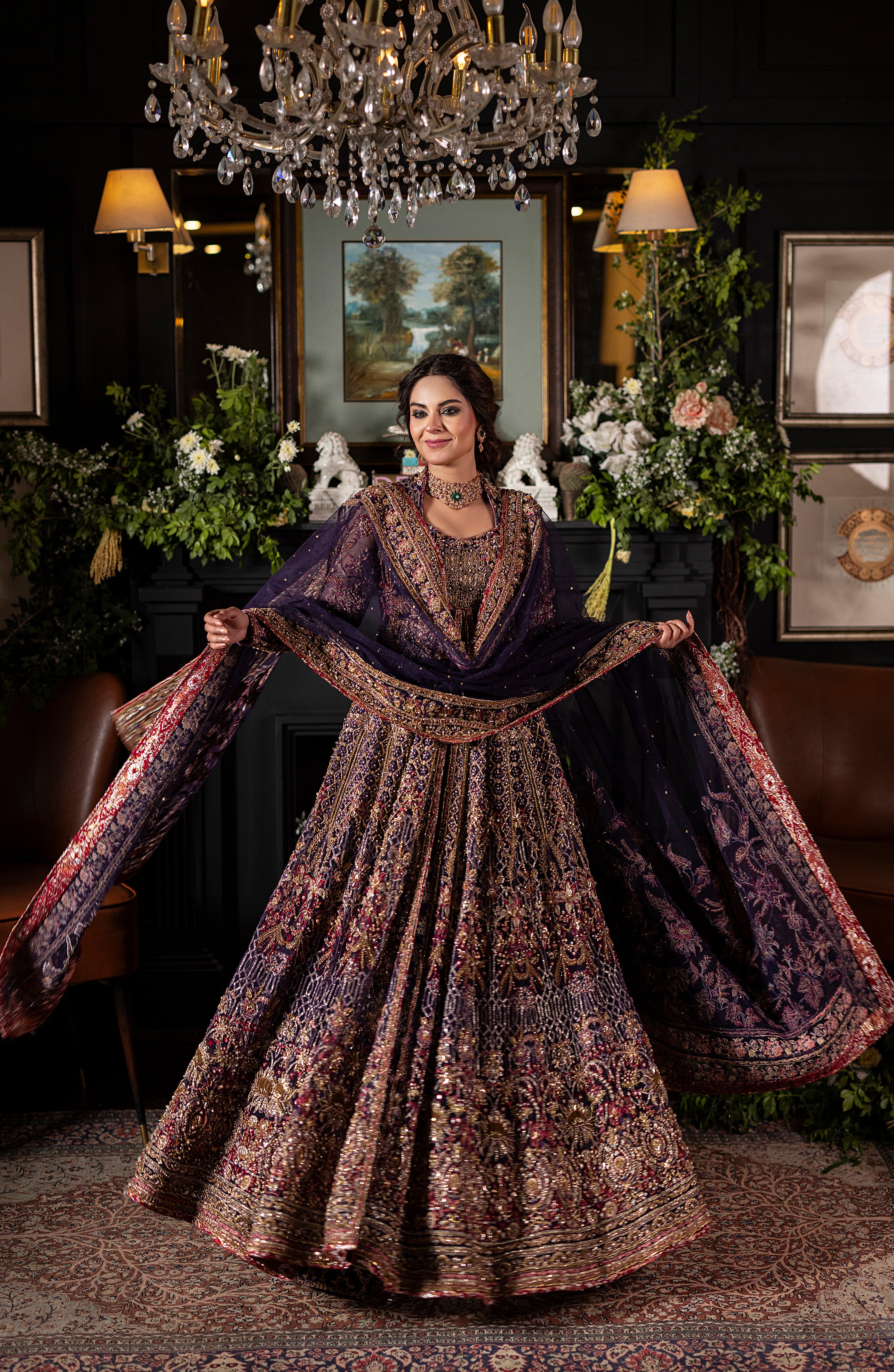 Pakistani Irish Purple Embroidered Net Gown with Jamawar Lehenga (3-Piece) - Image 9